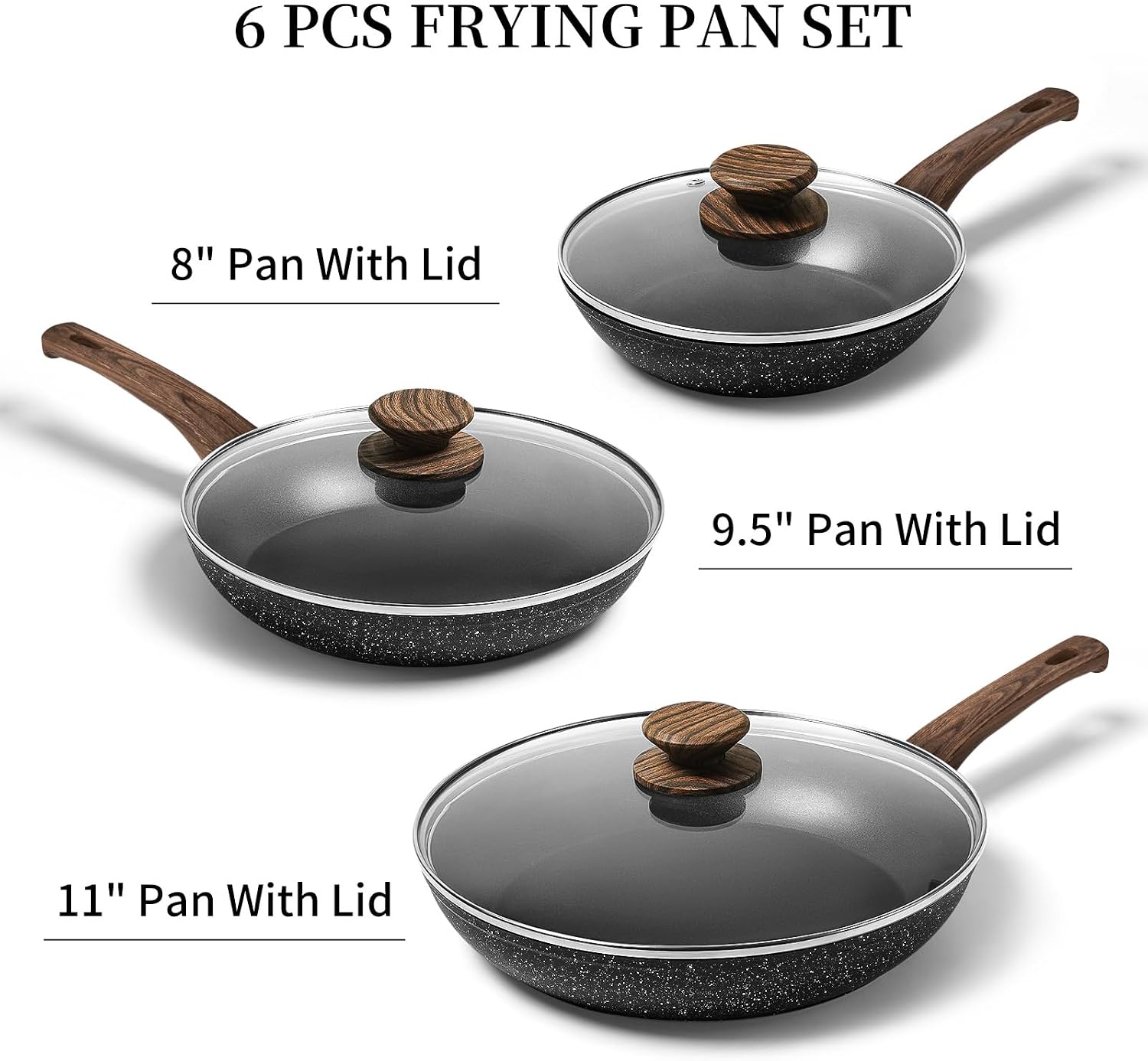 Innerwell Nonstick Ceramic Frying Pans Skillets Set with Lid 8"+9.5"+11"