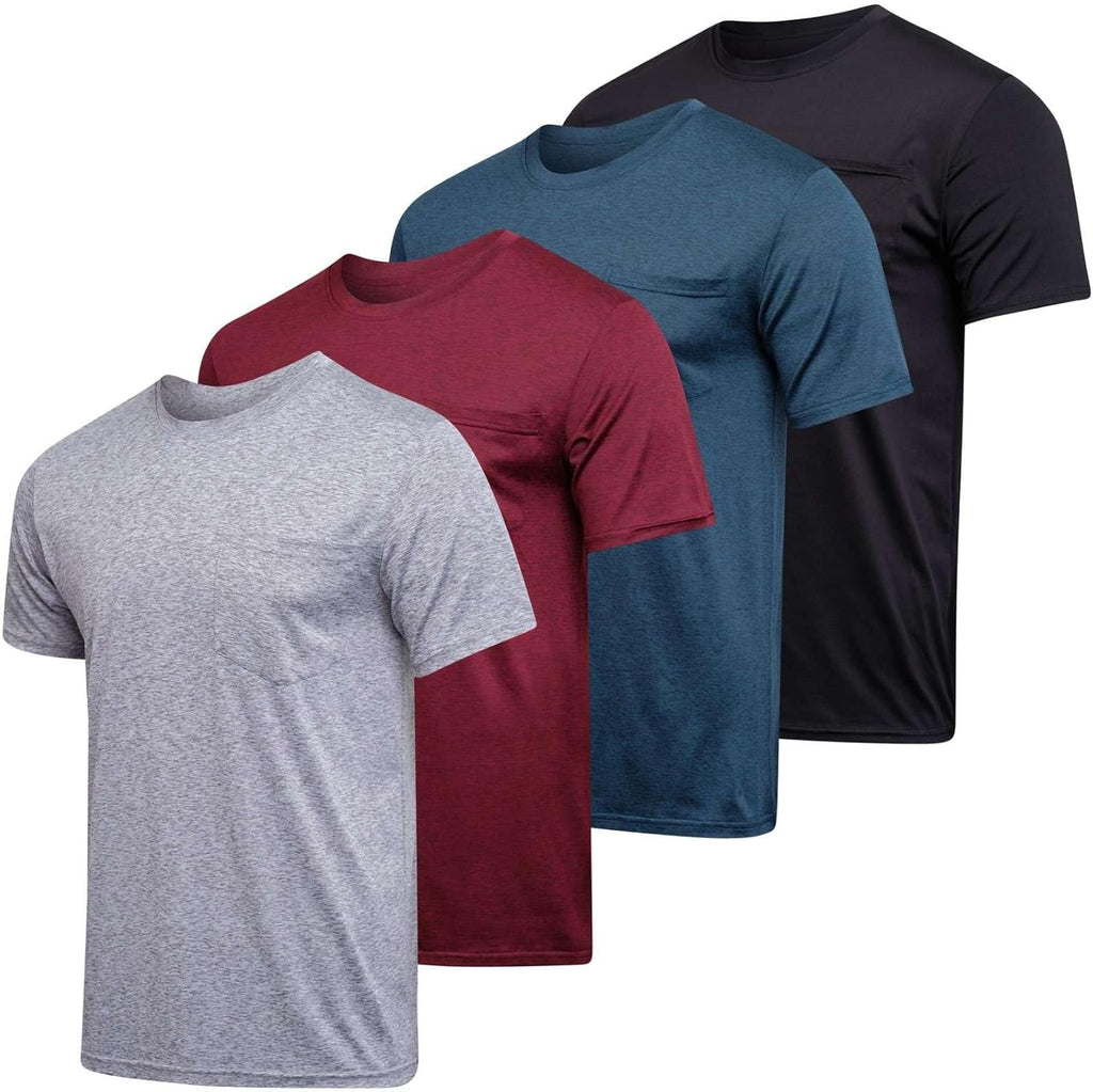 4 Pack Men's Dry Fit Short Sleeve Pocket T Shirts Workout Gym Athletic Tees