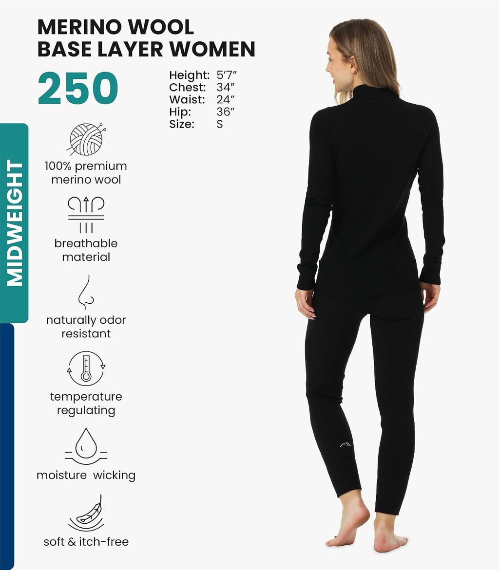 100% Merino Wool Base Layer Women Set - Thermal Underwear Women Top, Bottom