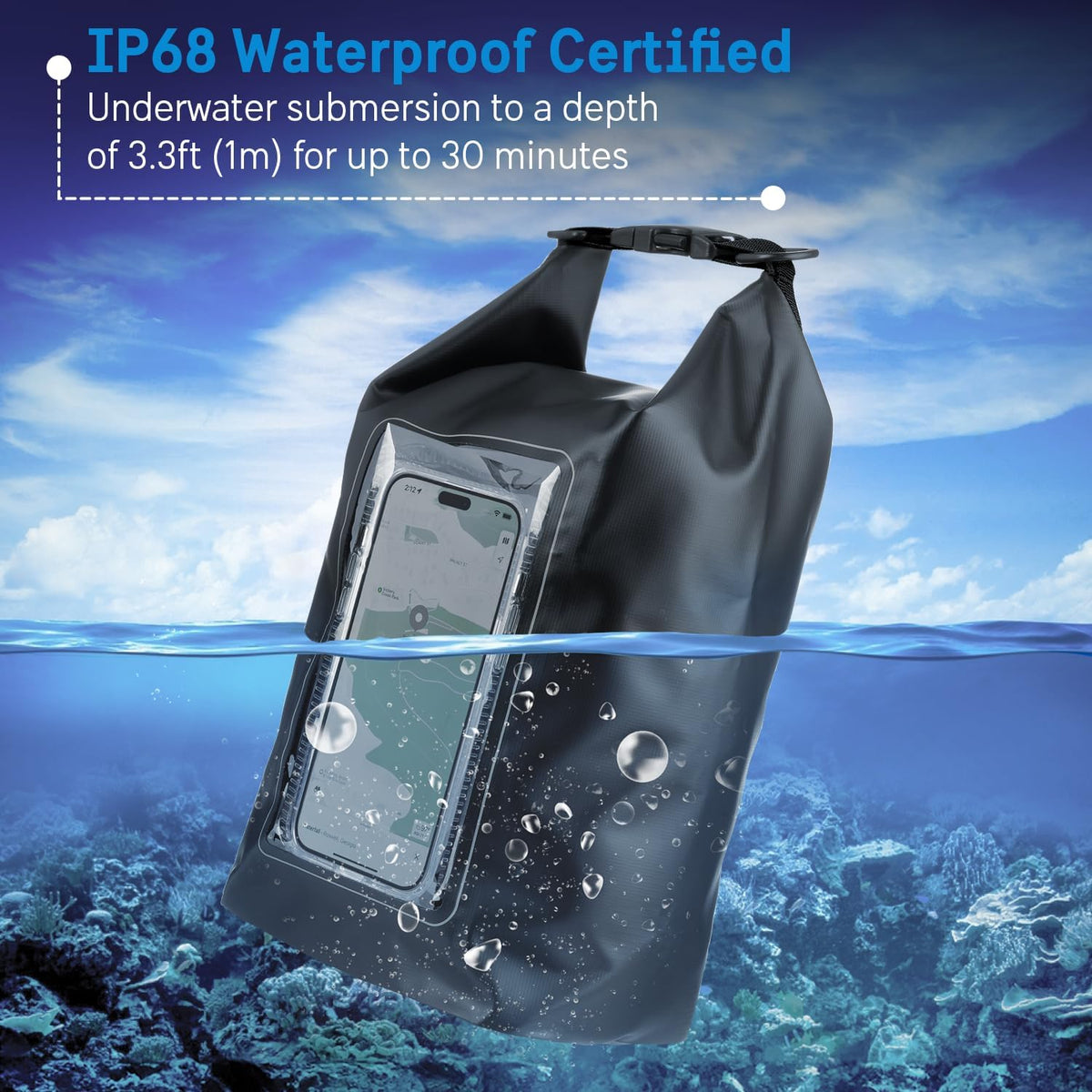 Pelican Marine IP68 Waterproof Dry Bag 5L with Phone Pouch/Case - Black