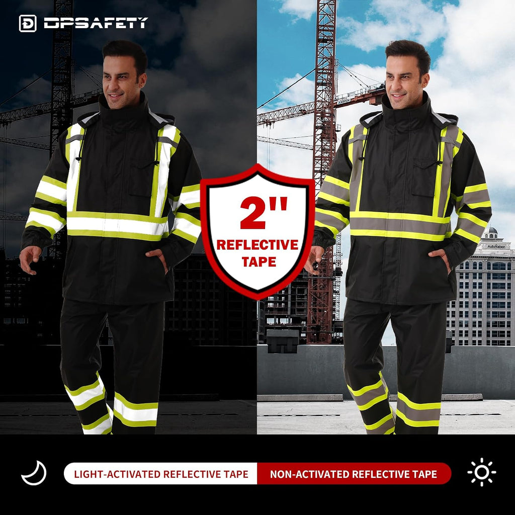 Hi Vis Safety rain Jacket，Reflective Class 3 Rain coat with Inner Mesh Lining and Pockets High Visibility Waterproof work Rain Suits for men&women（Black,4XL/5XL）