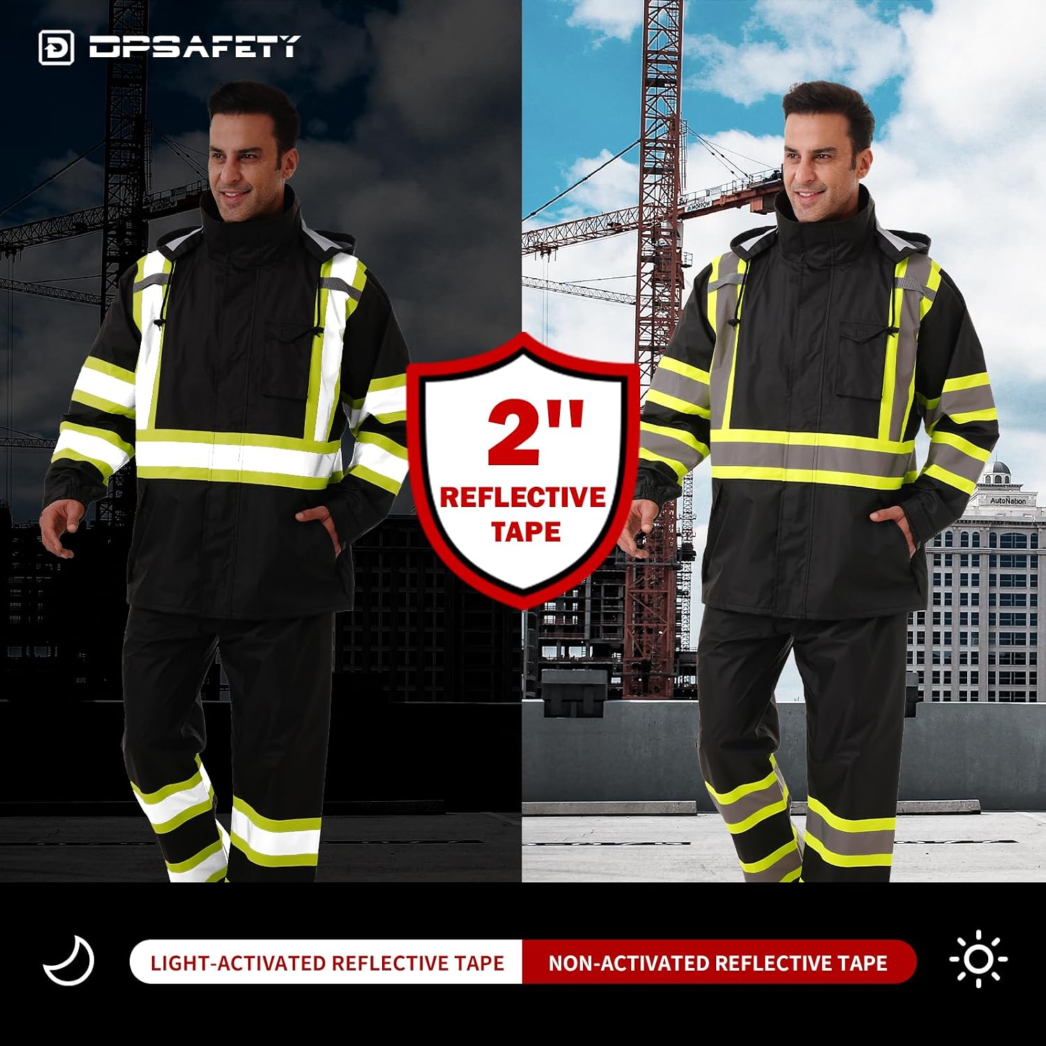 Hi Vis Safety rain Jacket，Reflective Class 3 Rain coat with Inner Mesh Lining and Pockets High Visibility Waterproof work Rain Suits for men&women（Black,4XL/5XL）