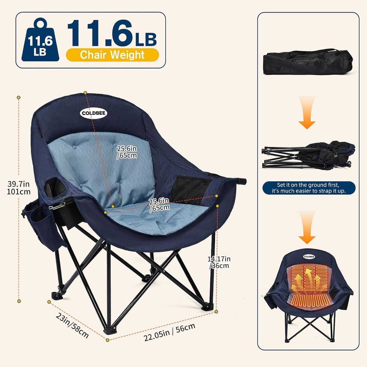 Heated Oversized Camping Chair, Heavy Duty Padded, Thick Headrest, Blue