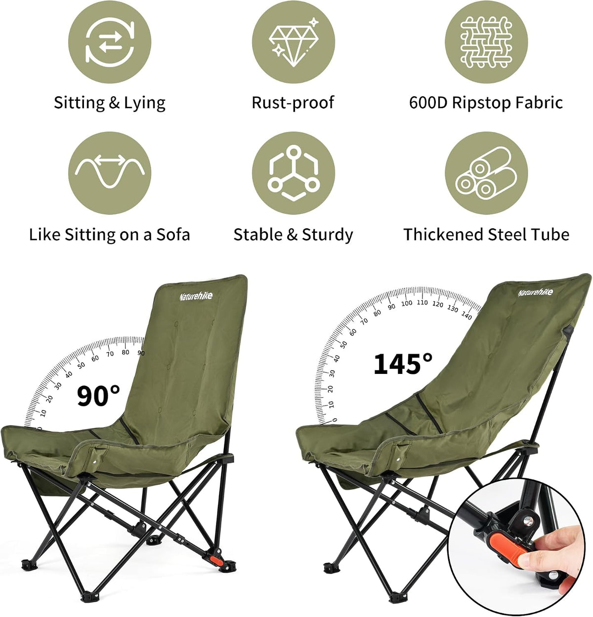 Naturehike Seastar Padded Camping Chair, Oversized 2-Position Adjustable Folding Chair, Portable Camp Chair with Side Pocket & Carry Bag