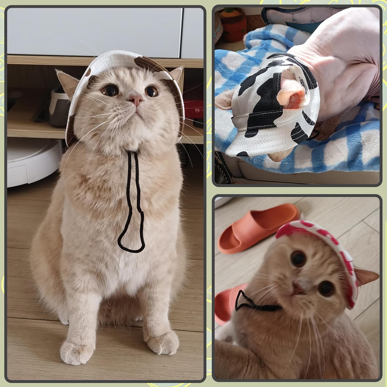 DENTRUN Cat Bucket Hat with Ear Hole, Cotton Birthday Bonnet for Small Pets
