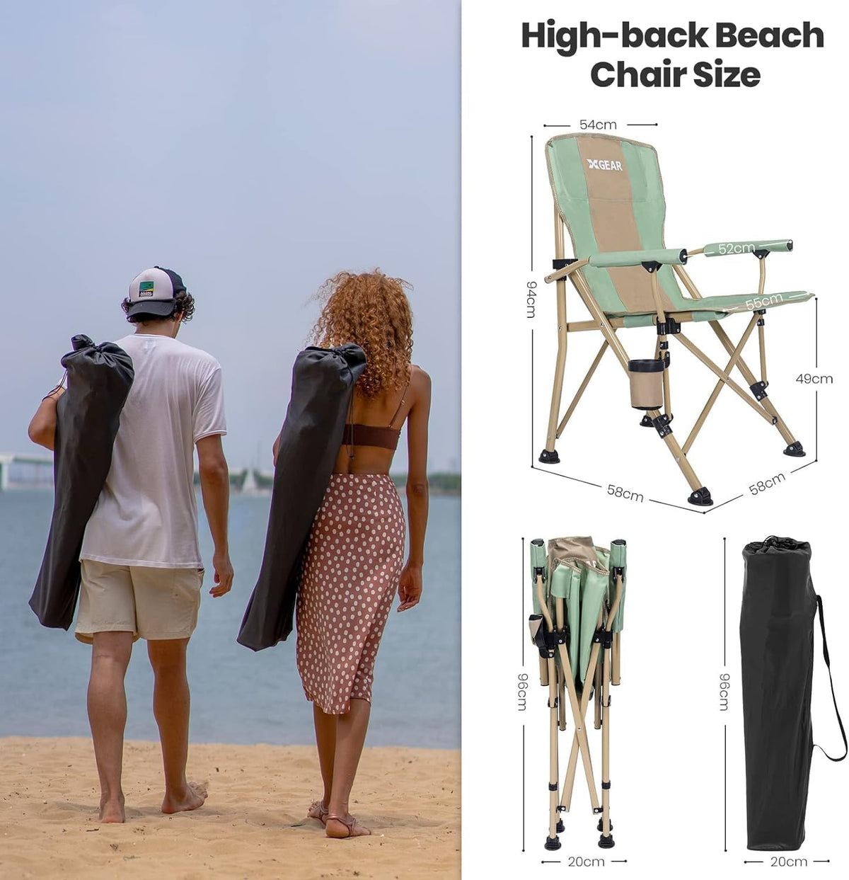 XGEAR 330LB Heavy Duty High Back Hard Arm Camping Chair with Cup Holder
