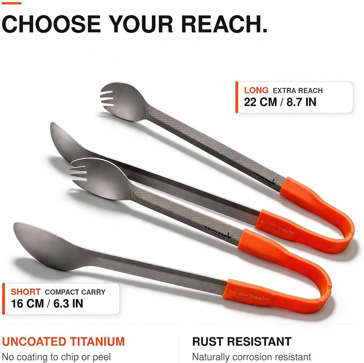 3-in-1 Titanium Backpacking Utensils, Spoon, Spork and Tongs Set