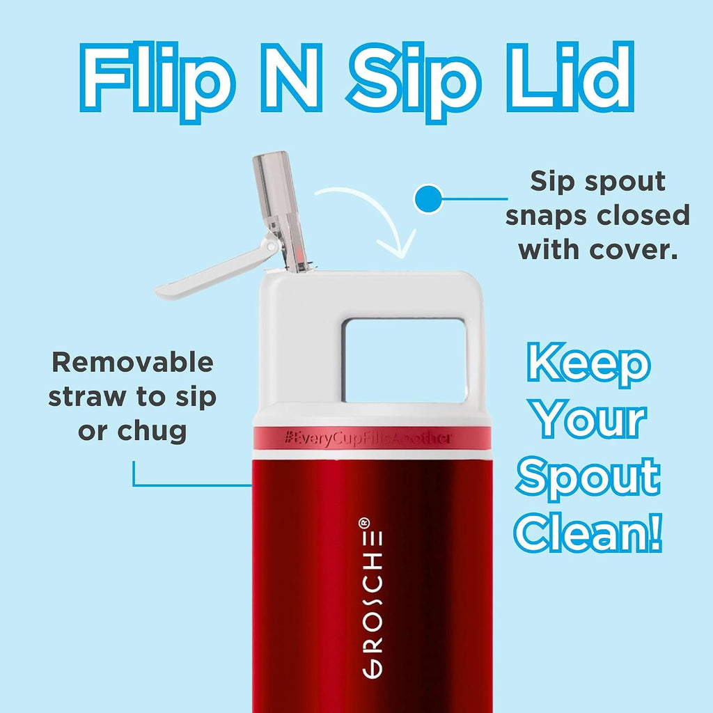 GROSCHE Alpine Shimmer Flip 'N Sip Water Bottle with Straw, Ruby Red, 20 oz