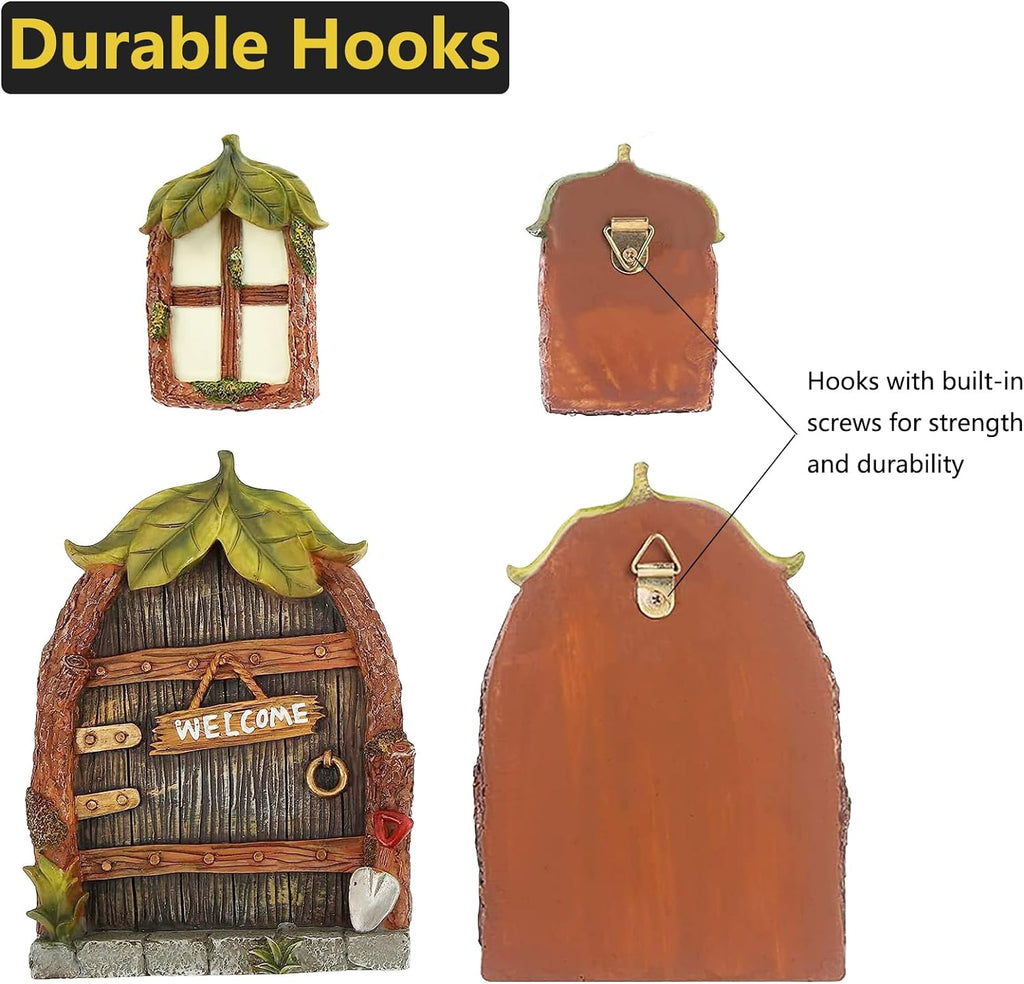 Miniature Fairy Garden Accessories Fairy Door and Windows for Trees, Glow in The Dark Yard Sculpture Lawn Ornament Mini Garden Art Outdoor Decor Accessories with Lantern