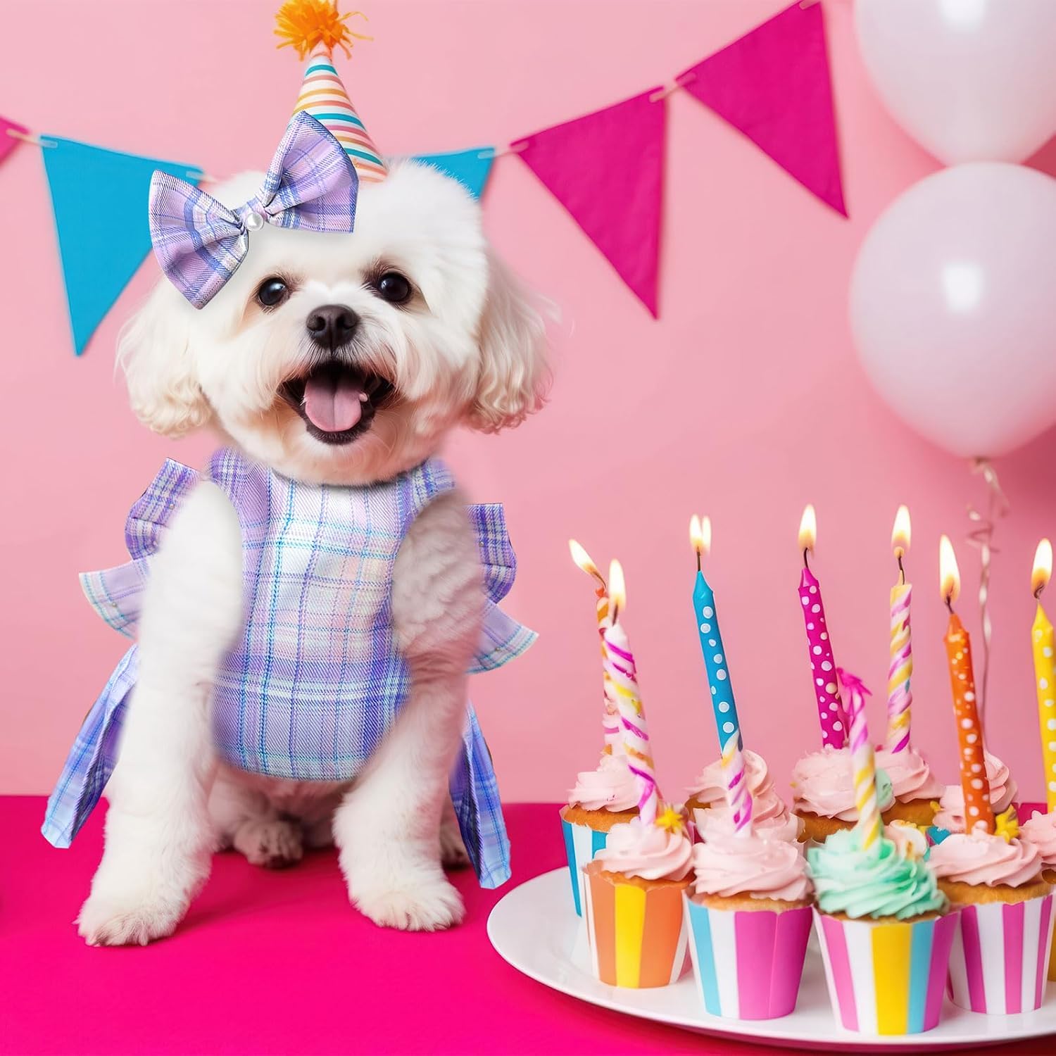 PETCARE Cute Dog Dress Clothes for Small Dogs Cats Girl Female Purple Plaid Bow Tie Dog Harness Dresses Leash Set with Pearls Bow Accessories Birthday Puppy Dress Shih Tzu Yorkies Chihuahua Outfits