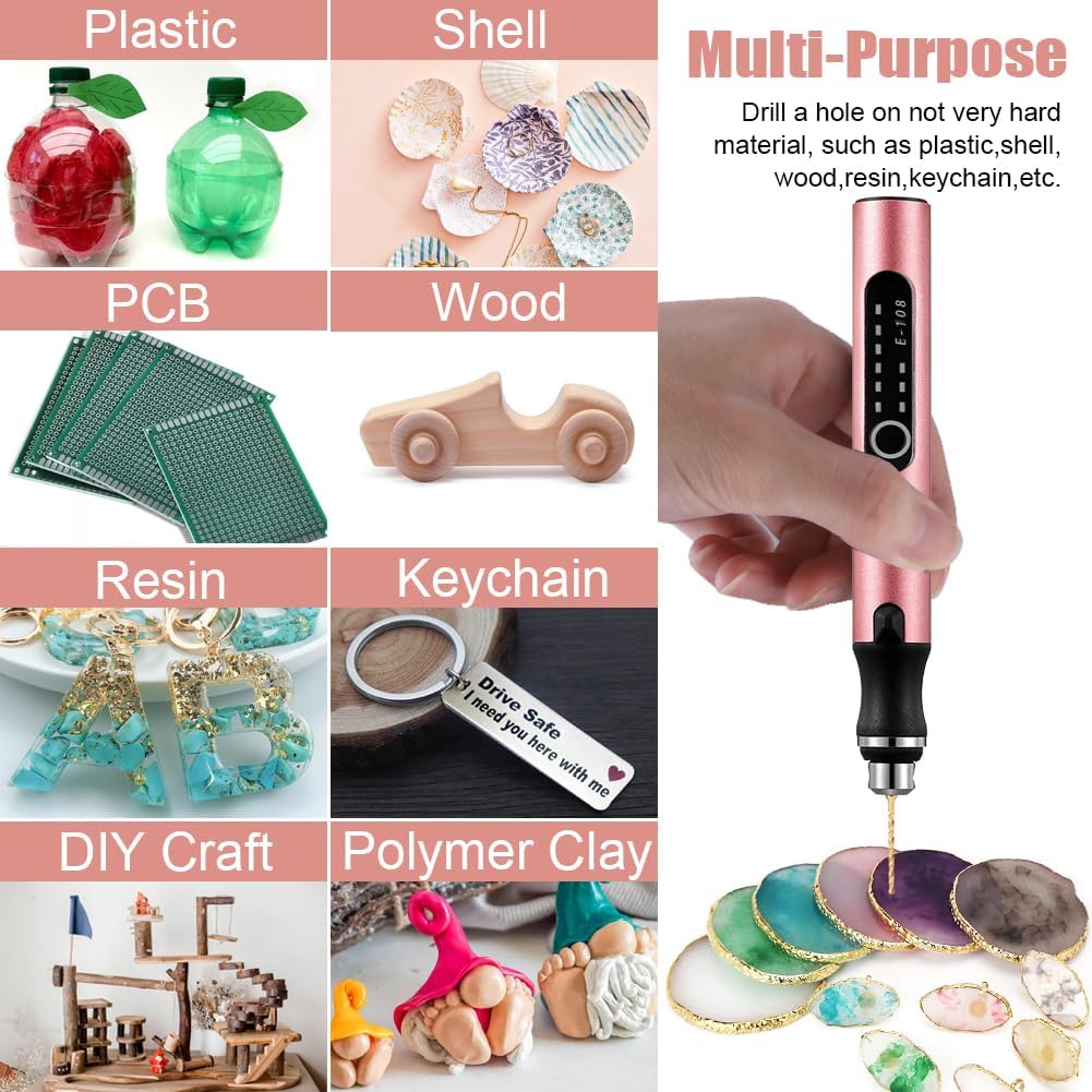 3-Speed Cordless Mini Drill Pen With 10 Small Drill Bits, Rechargeable Electric Hand Drill Pin Vise, Resin Drill Set For Jewelry Making, Resin, Plastic, Wood, Keychains DIY (PINK)