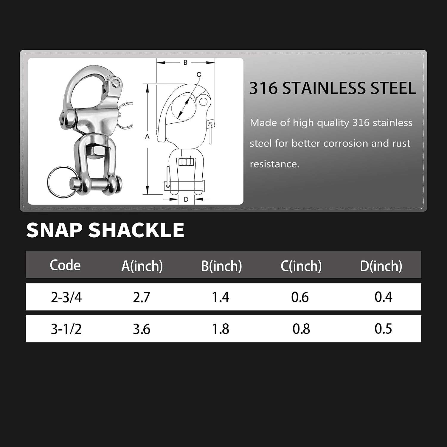 Swivel Eye Snap Shackle 316 Stainless Steel Quick Release Shackle Marine Grade Sailing Halyard Hardware, Clevis Swivel Sailing Rigging Shackles