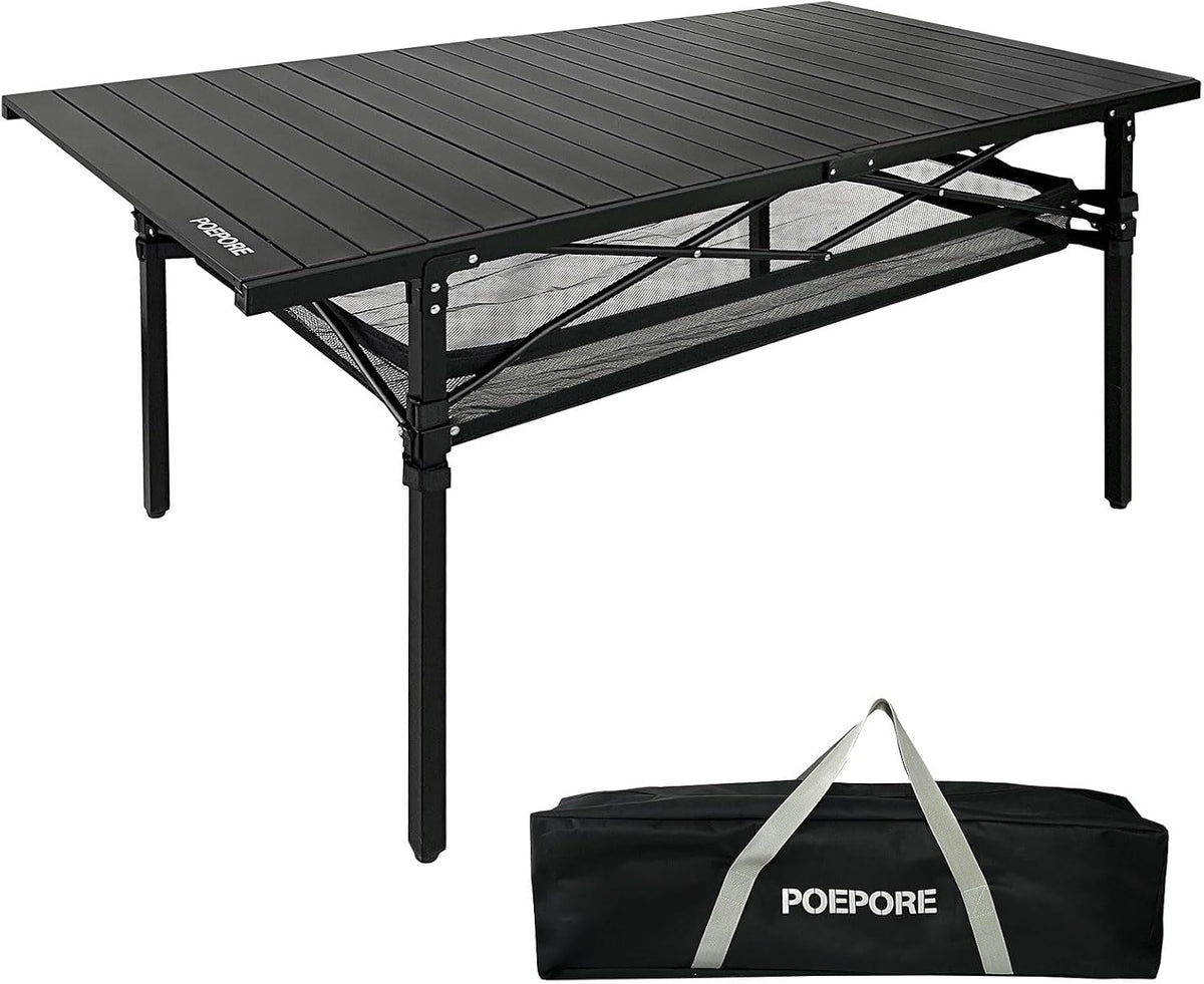 Large Folding Camping Table Aluminum with Storage for 4-6 People 55"X27.5" Roll Up Tall Outdoor Portable Table Lightweight with Carry Bag for Picnic BBQ Backyard Beach