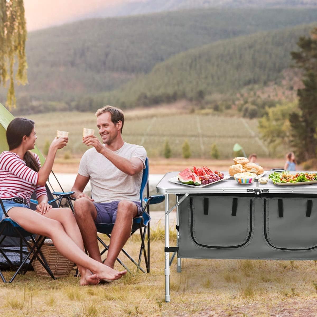 Folding Camping Table with Storage, Adjustable Height