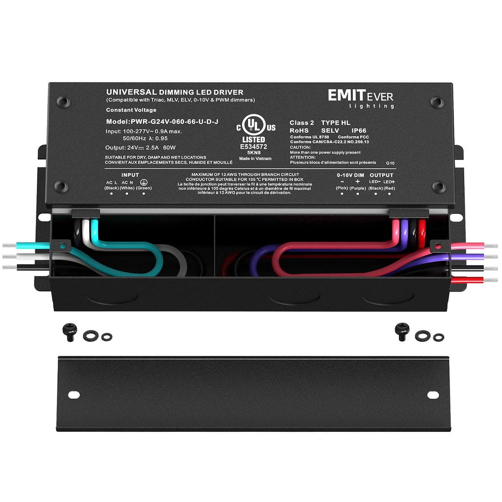 EMITEVER 2-Pack 60W 24V 5-in-1 Dimmable LED Driver, AC 110-277V to DC