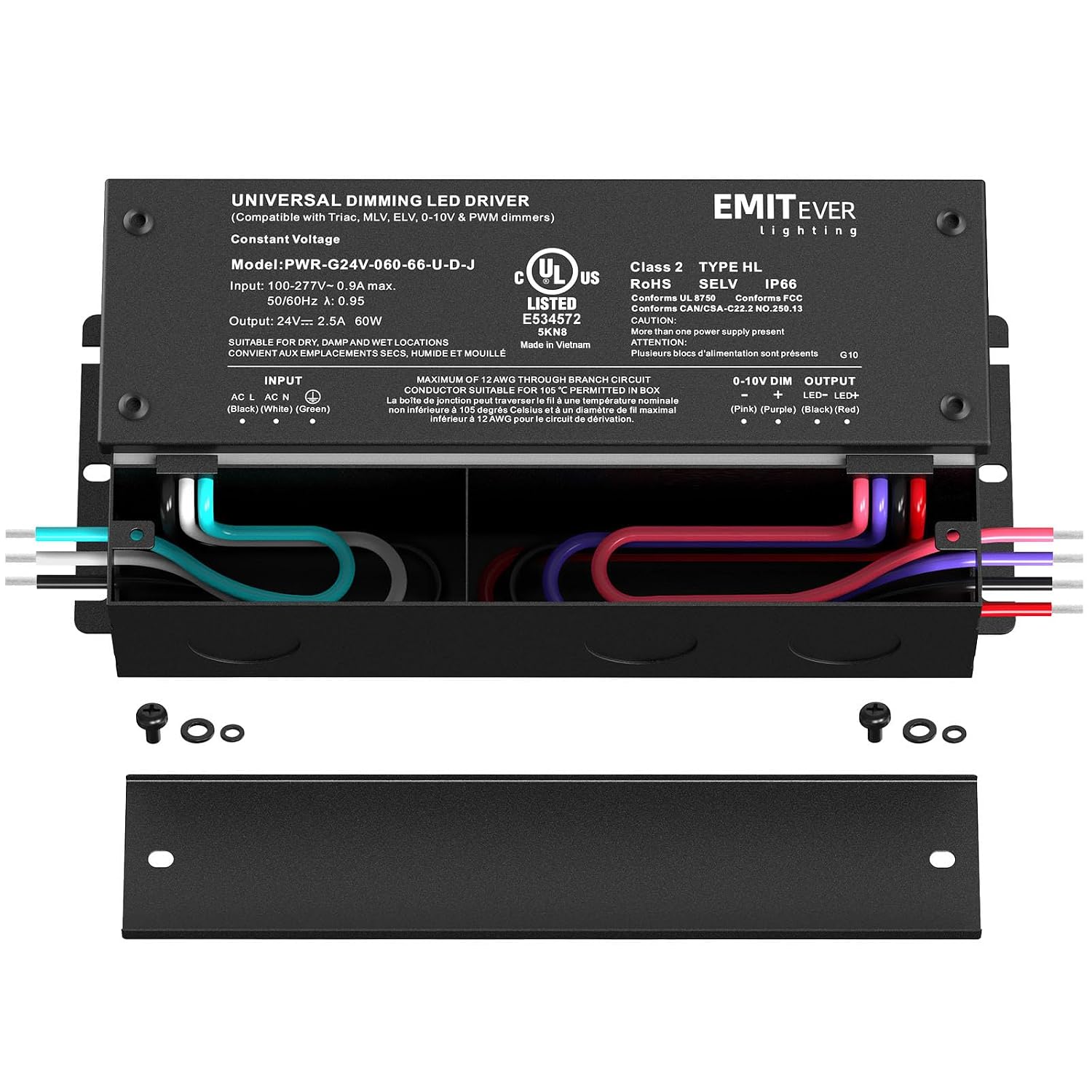EMITEVER 2-Pack 60W 24V 5-in-1 Dimmable LED Driver, AC 110-277V to DC
