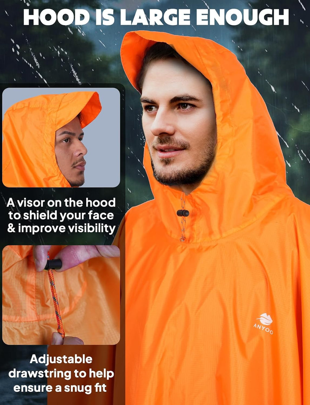 ANYOO Hooded Rain Poncho for Adult Waterproof Lightweight Raincoat