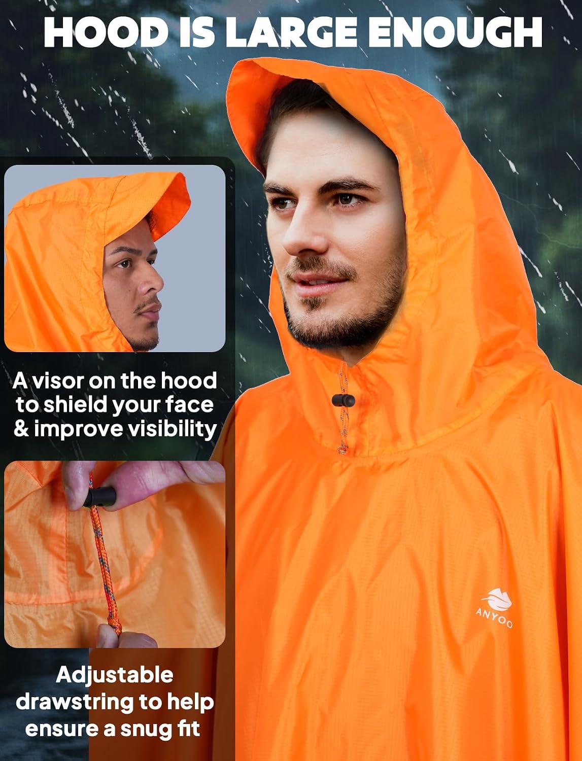 ANYOO Hooded Rain Poncho for Adult Waterproof Lightweight Raincoat