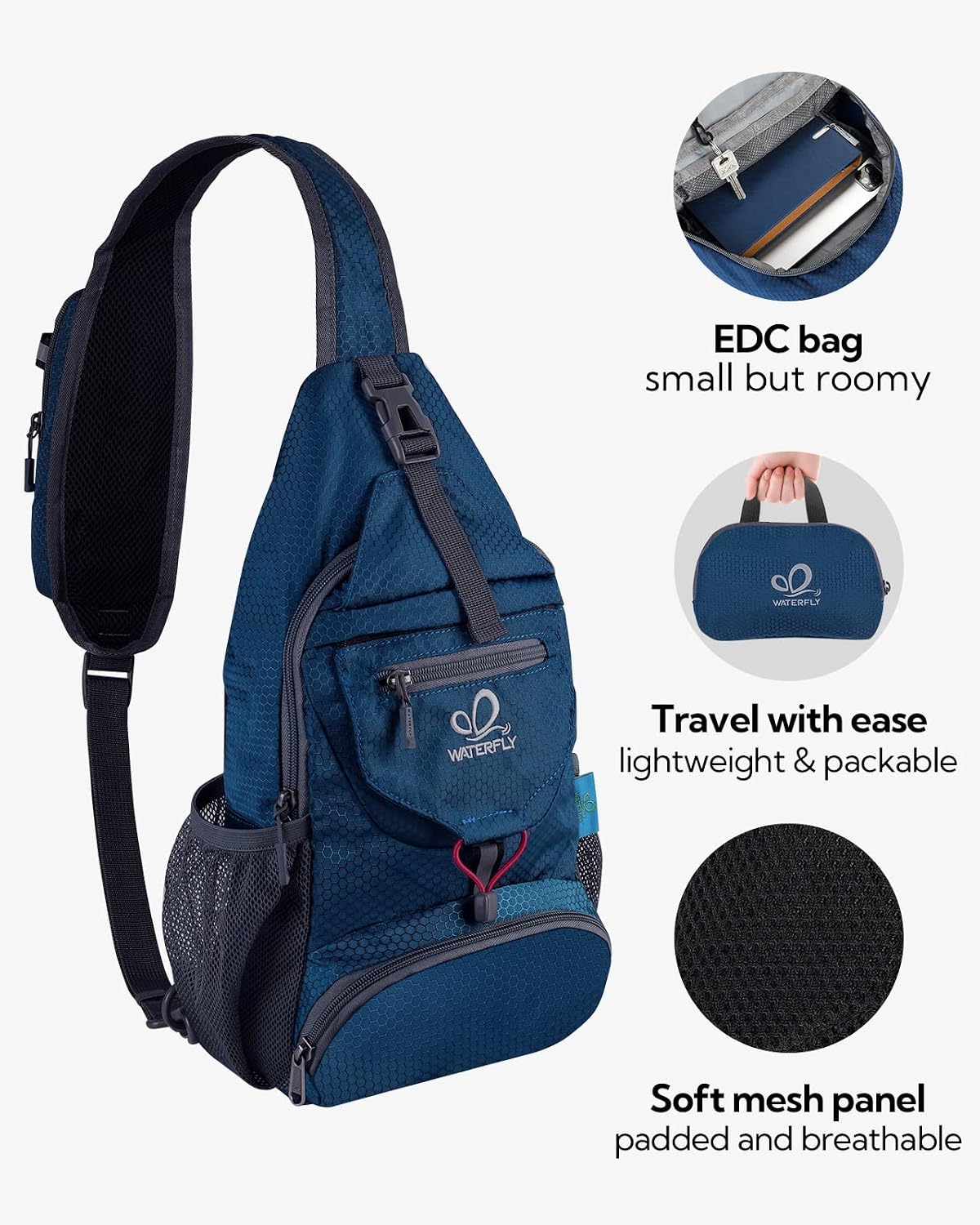 WATERFLY Packable Sling Backpack Lightweight Crossbody Bag Travel Daypack