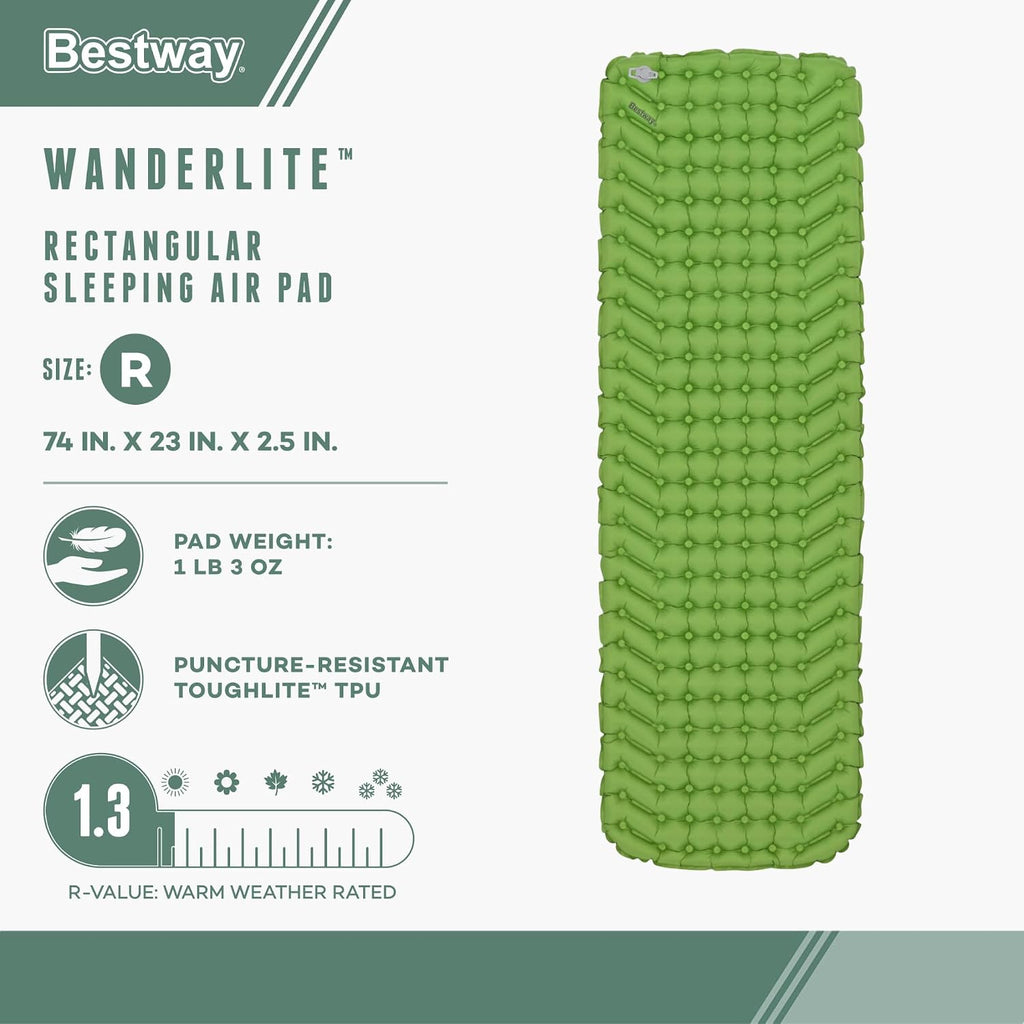 Bestway WanderLite 74" x 23" Inflatable Camping Sleeping Pad, Green