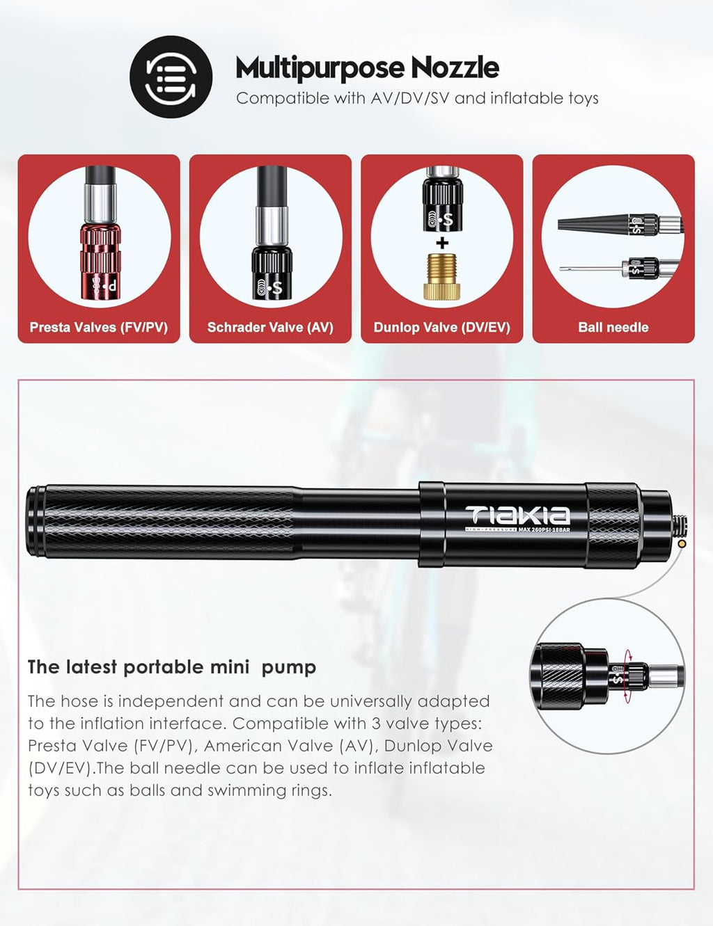 Tiakia Mini Bike Pump, 260PSI High Pressure for Road & Mountain Bikes