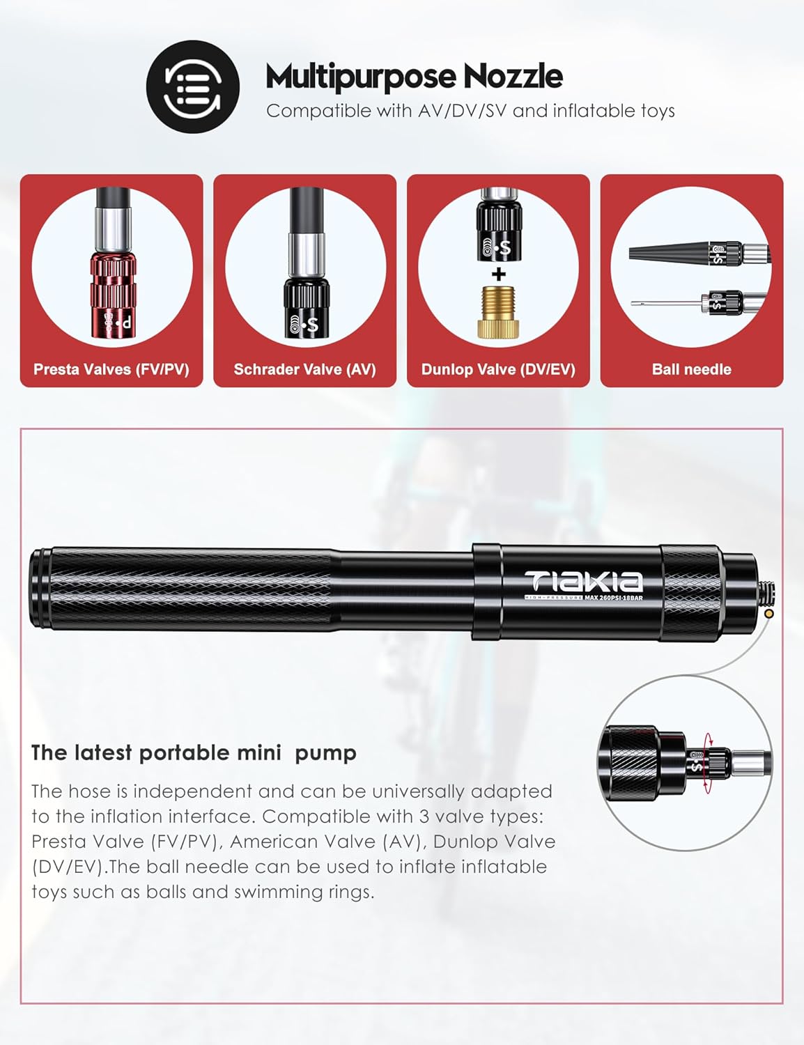 Tiakia Mini Bike Pump, 260PSI High Pressure for Road & Mountain Bikes