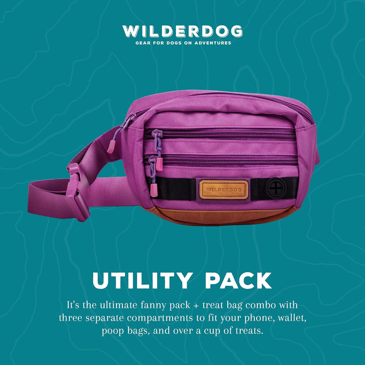 Wilderdog Utility Fanny Pack stores Treats, Balls, Keys in 3 Pockets with adjustable strap and Poop Bag dispenser (Lilac)