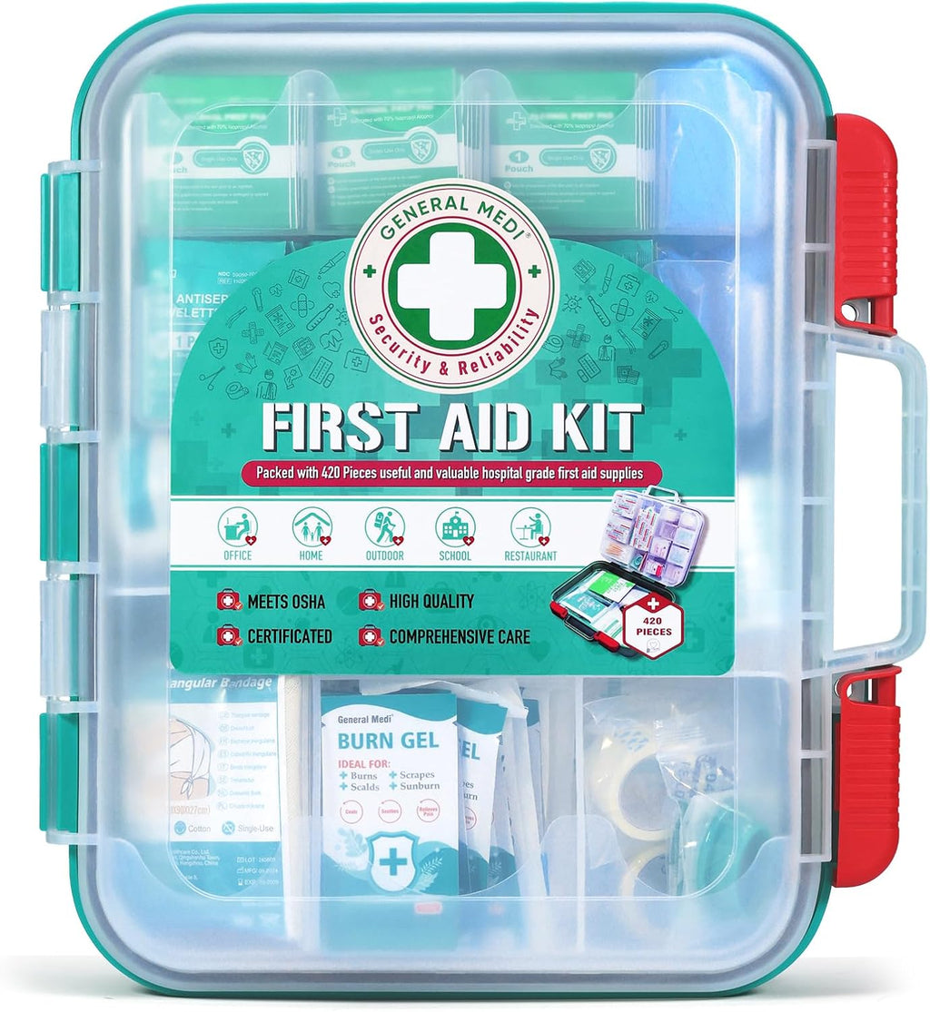 General Medi 420 Pieces Professional First Aid Kit - HardCase First Aid Box - Contains Premium Medical Supplies for Travel, Home, Office, Vehicle, Camping, Workplace & Outdoor