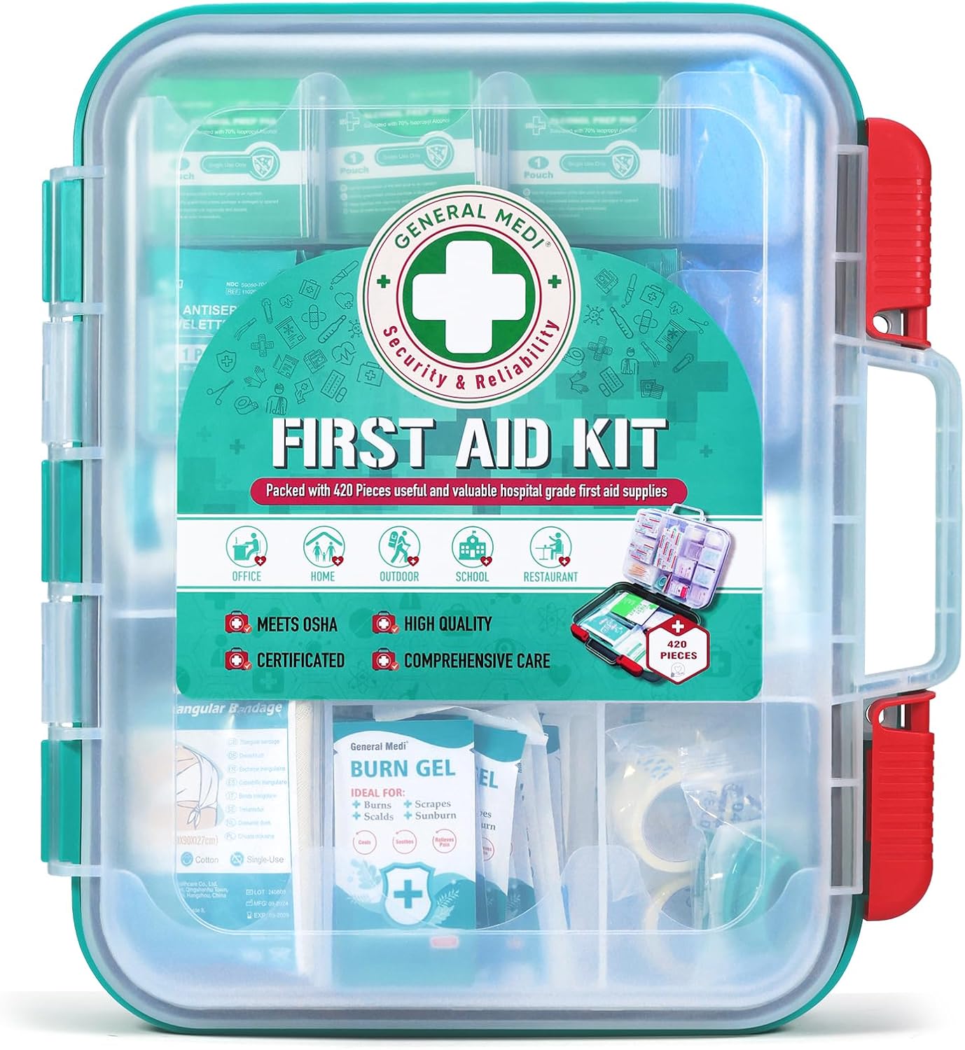 General Medi 420 Pieces Professional First Aid Kit - HardCase First Aid Box - Contains Premium Medical Supplies for Travel, Home, Office, Vehicle, Camping, Workplace & Outdoor
