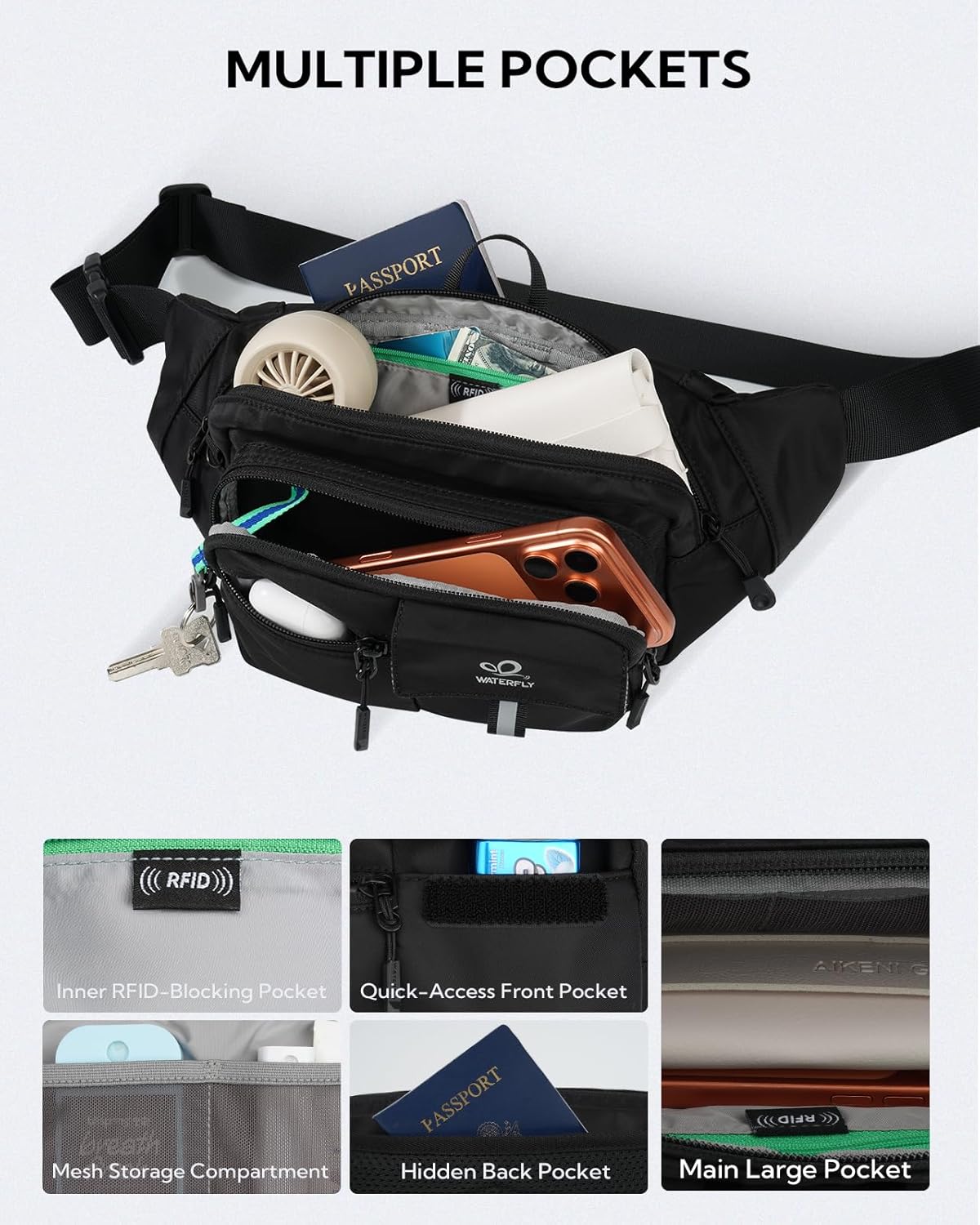 WATERFLY Fanny Pack Waist Bag: 3L Large RFID Anti-Theft with 9 Pockets