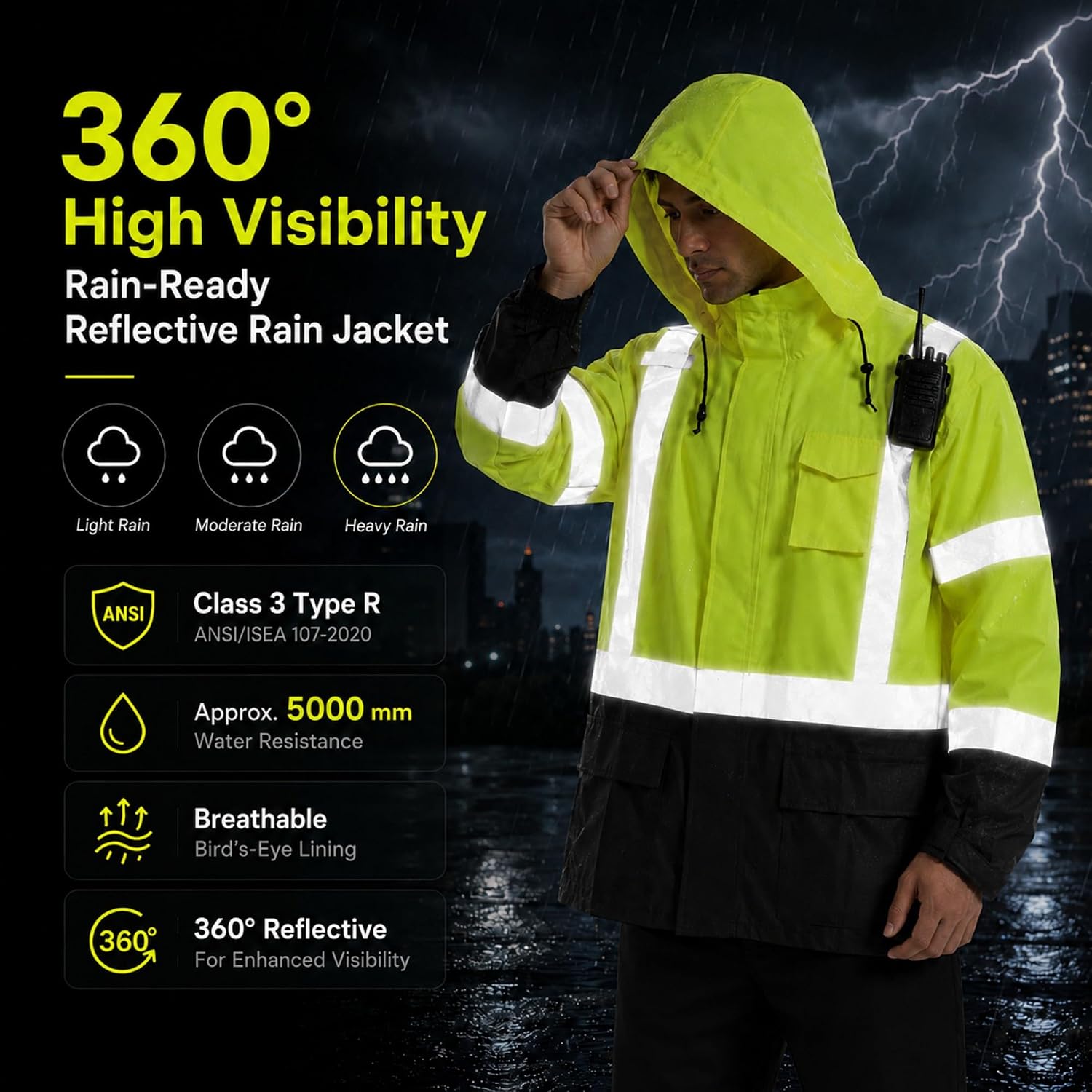 SKSAFETY Hi Vis Safety Rain Jacket for Men, Construction Work Rain Gear Heavy Duty Class 3 Rain Coat Waterproof Lightweight