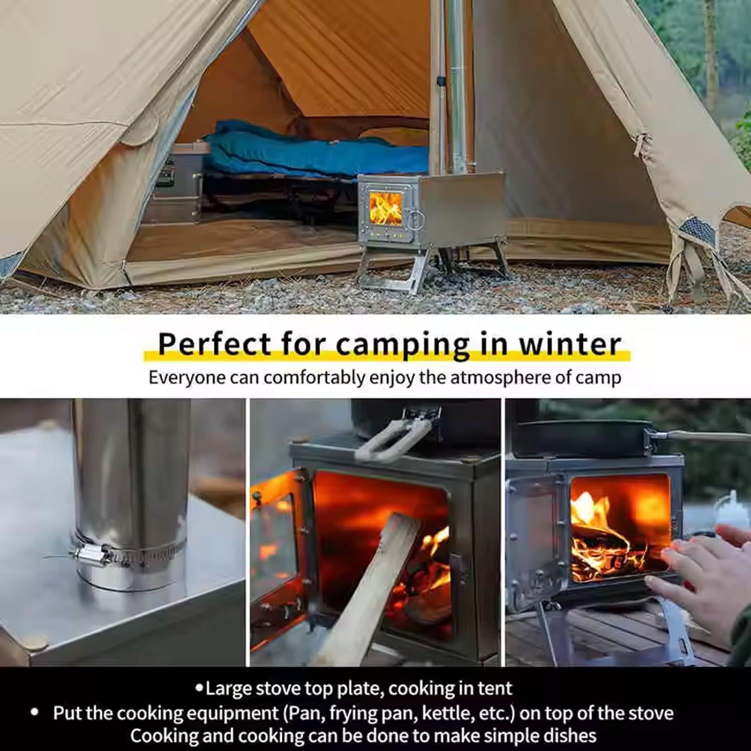 Portable Wood-Burning Stove for Camping with Backpack and 7.2 ft Chimney Pipe; Lightweight and Foldable for Tent, Hunting, Ice Fishing, Travel; Ideal Gift for Campers, Outdoor Accessories