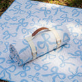 SmoothNovelty Blue Bow Picnic Blanket 80'' x 80'' Waterproof Extra Large Camping Blanket Coquette Picnic Mat Foldable Portable Preppy Outdoor Beach Mat with Carry Strap for Outdoor Grass Lawn Park
