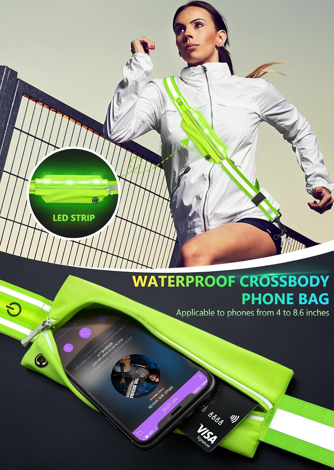Fokia Kunbio LED Reflective Belt Sash for Walking at Night,Running Safety Gear LED Light Up Running Belt for Runners Walkers
