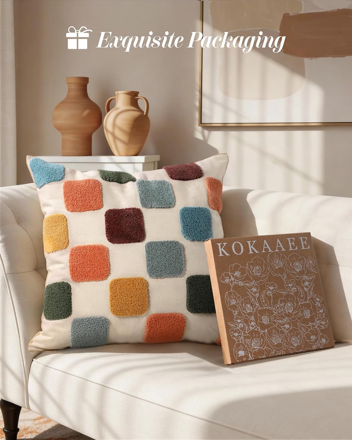 Embroidered Throw Pillow Cover 18x18 Inch, Colorful Plaid