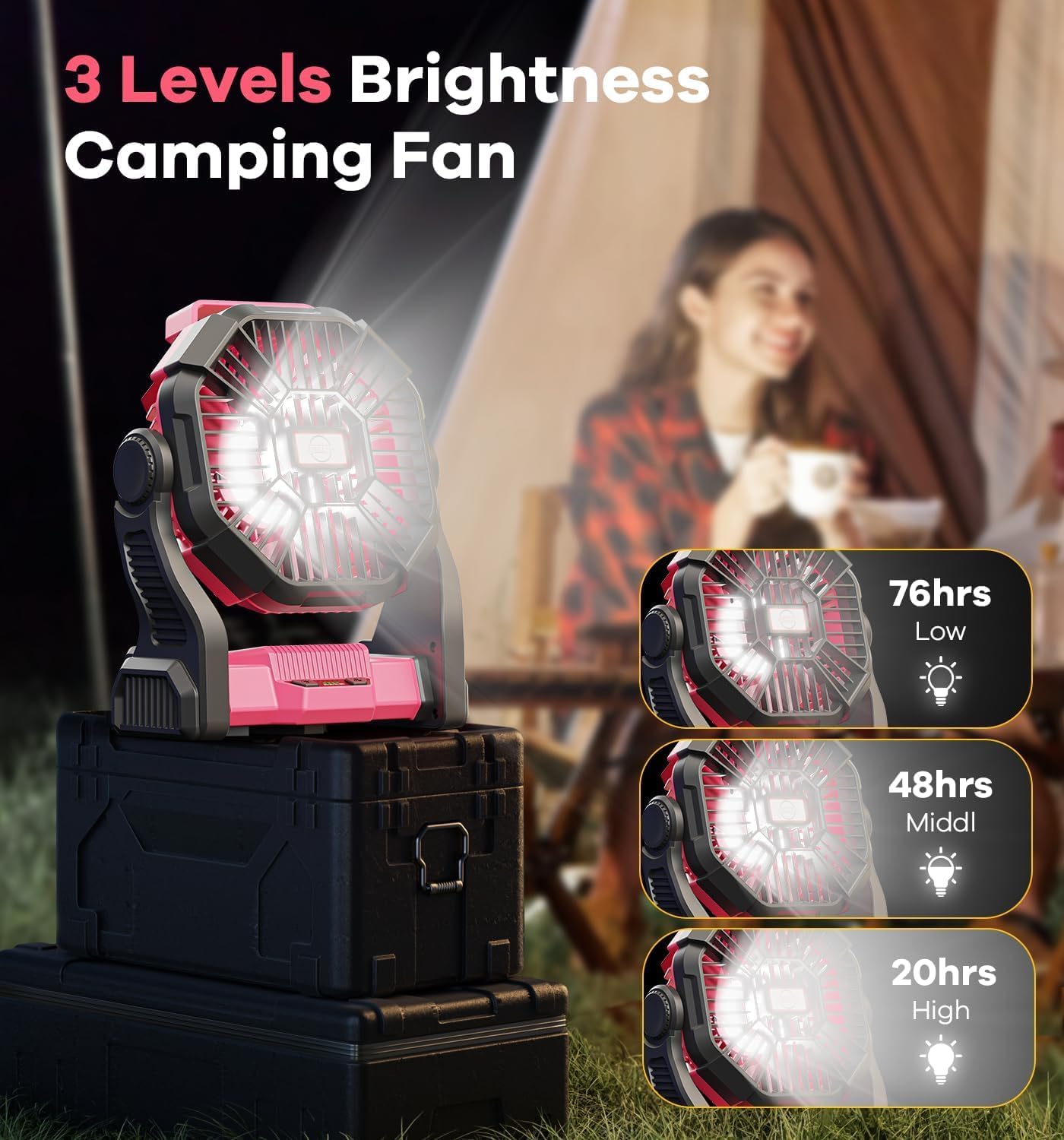 DOWILLDO 30000mAh Portable Battery Powered Camping Fan - with LED Light, Quiet Battery Operated, Camping Gear for Travel, Tent, Beach, Car or Hurricane Power Outages, Pink