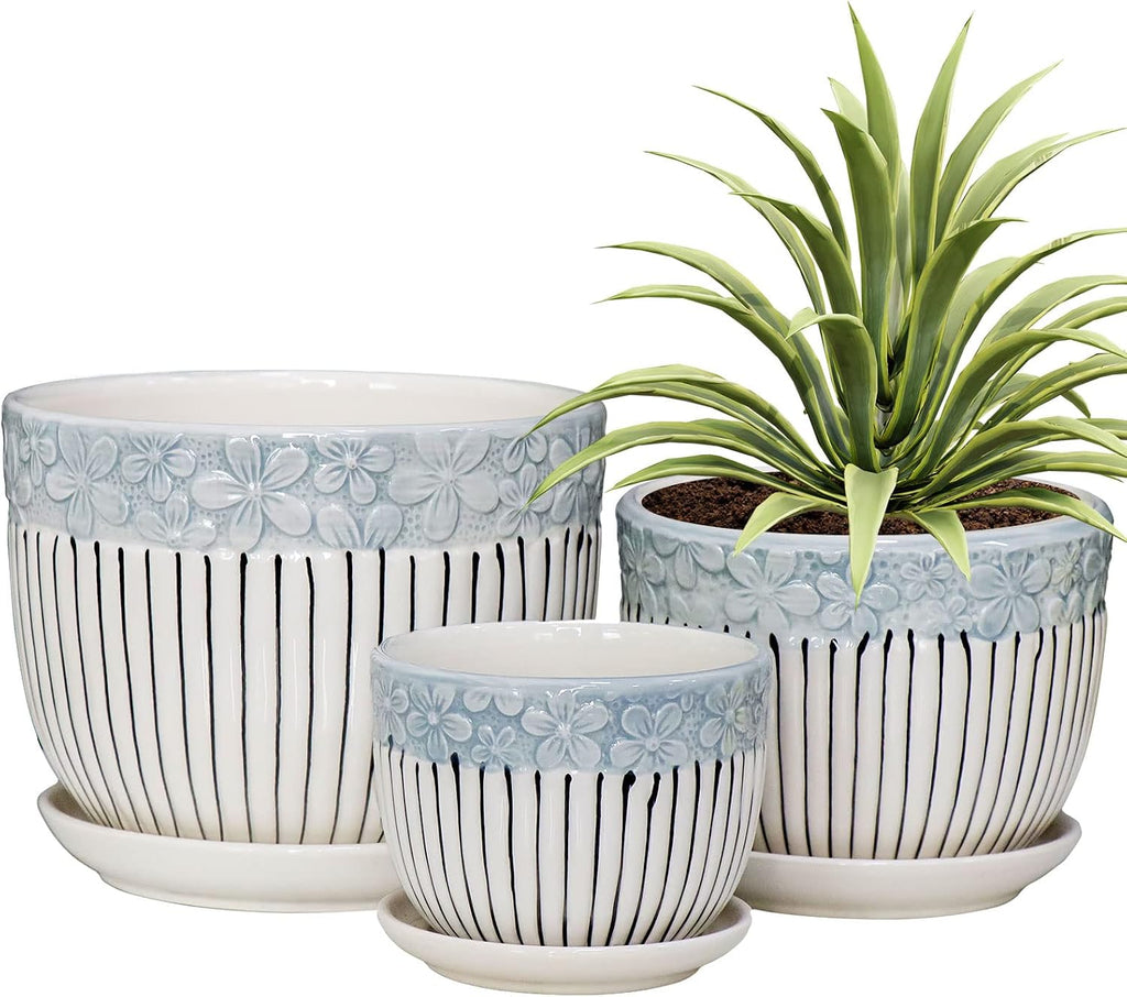 White Plant Pots,Ceramic Flower Pot Set of 3 with Drainage Holes & Saucers