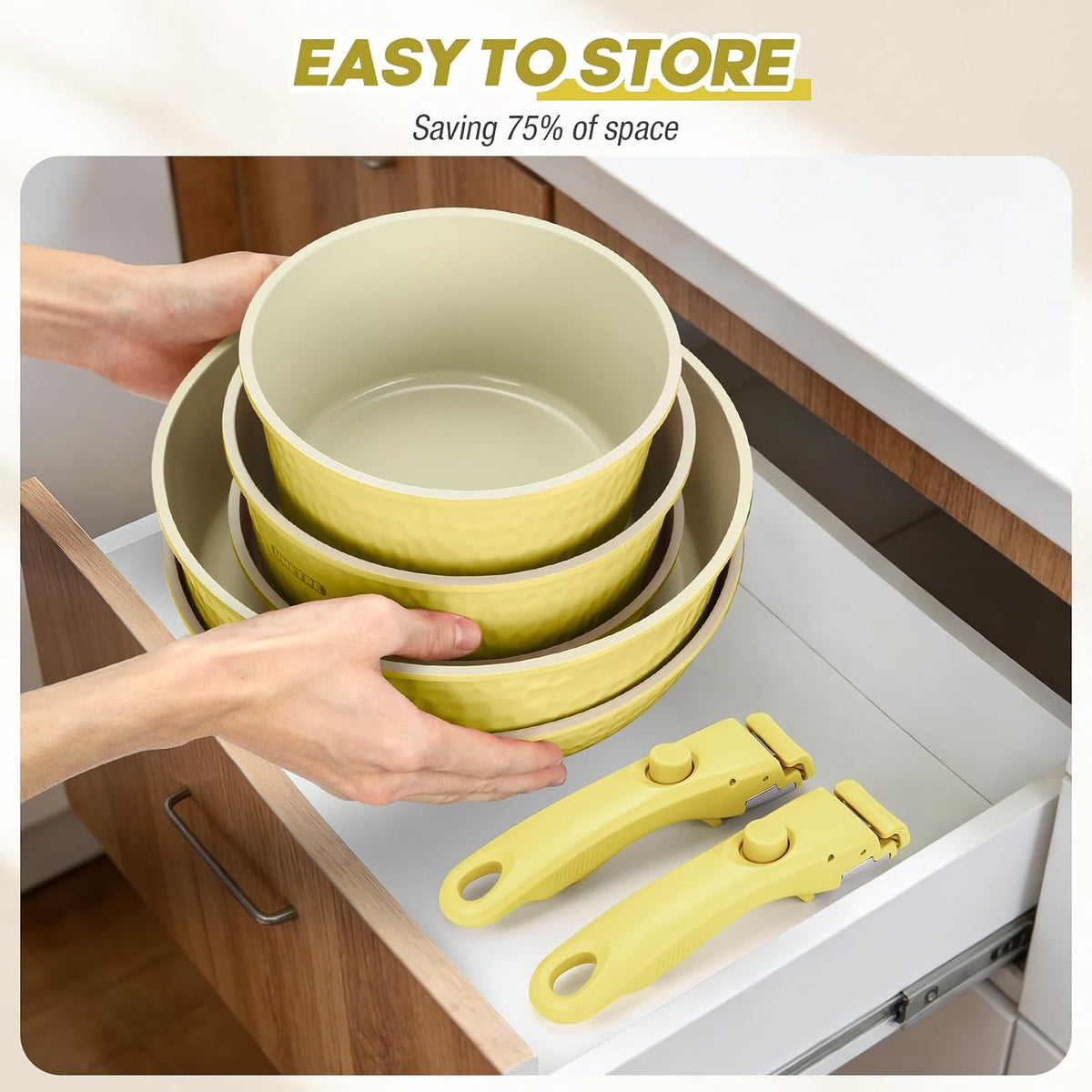 21 Pcs pots and Pans Set, Ceramic Nonstick Cookware Set Detachable Handle, Induction Kitchen Cooking Utensil Set with Removable Handle, Non Stick RV Pans Set, Dishwasher ＆ Oven Safe (yellow)