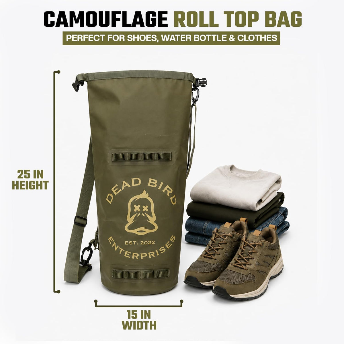 Dead Bird Enterprises Waterproof 20L Dry Bag, Military Green Shell Pouch with Roll Top Closure for Duck Hunting, Kayaking, Camping, Beach, Boating & Fishing, 500D PVC Tarpaulin Waterproof Shell Bag