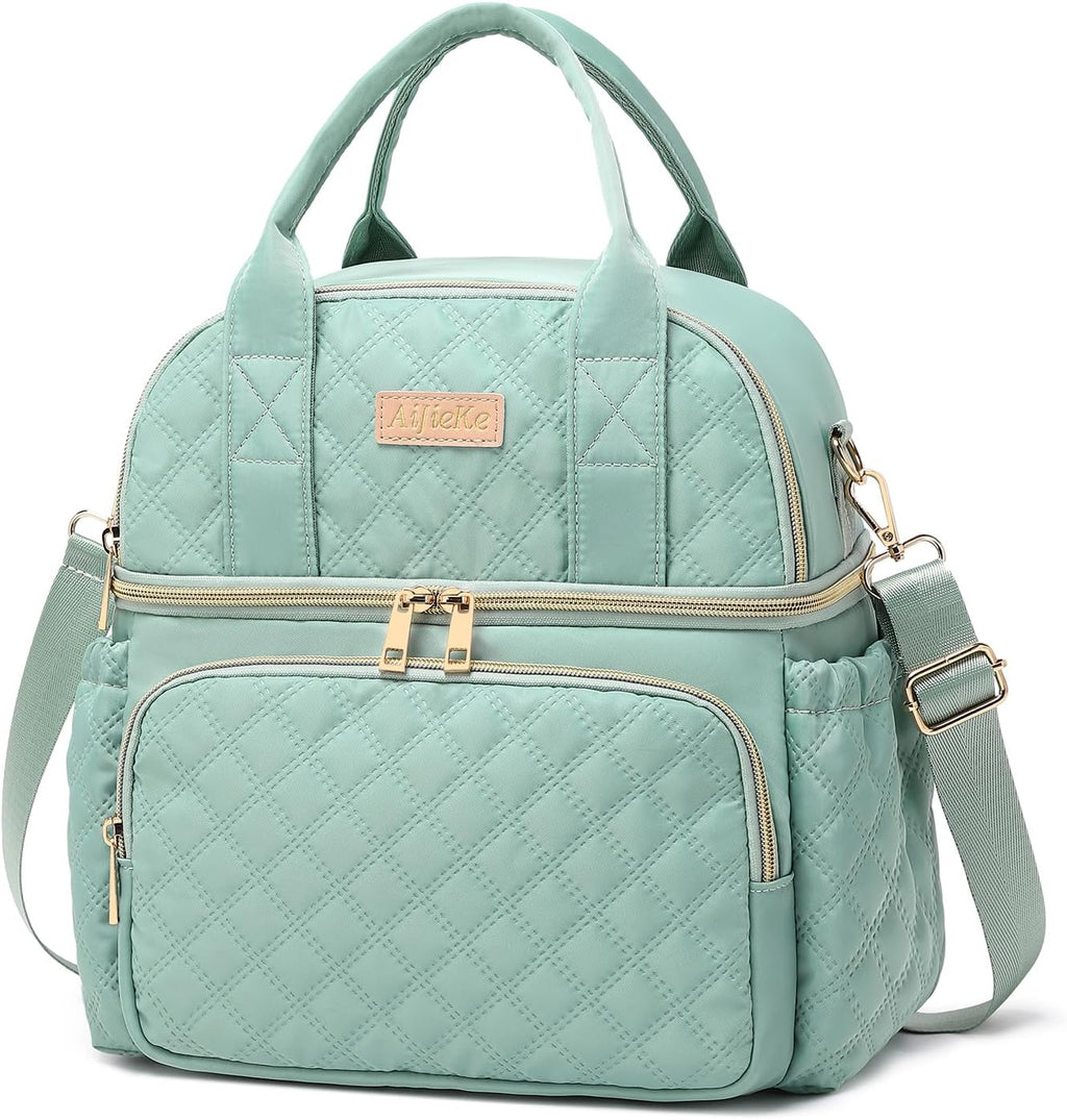 AIJIEKE Insulated Lunch Bag for Women, Double Deck Work Lunch Box, Green
