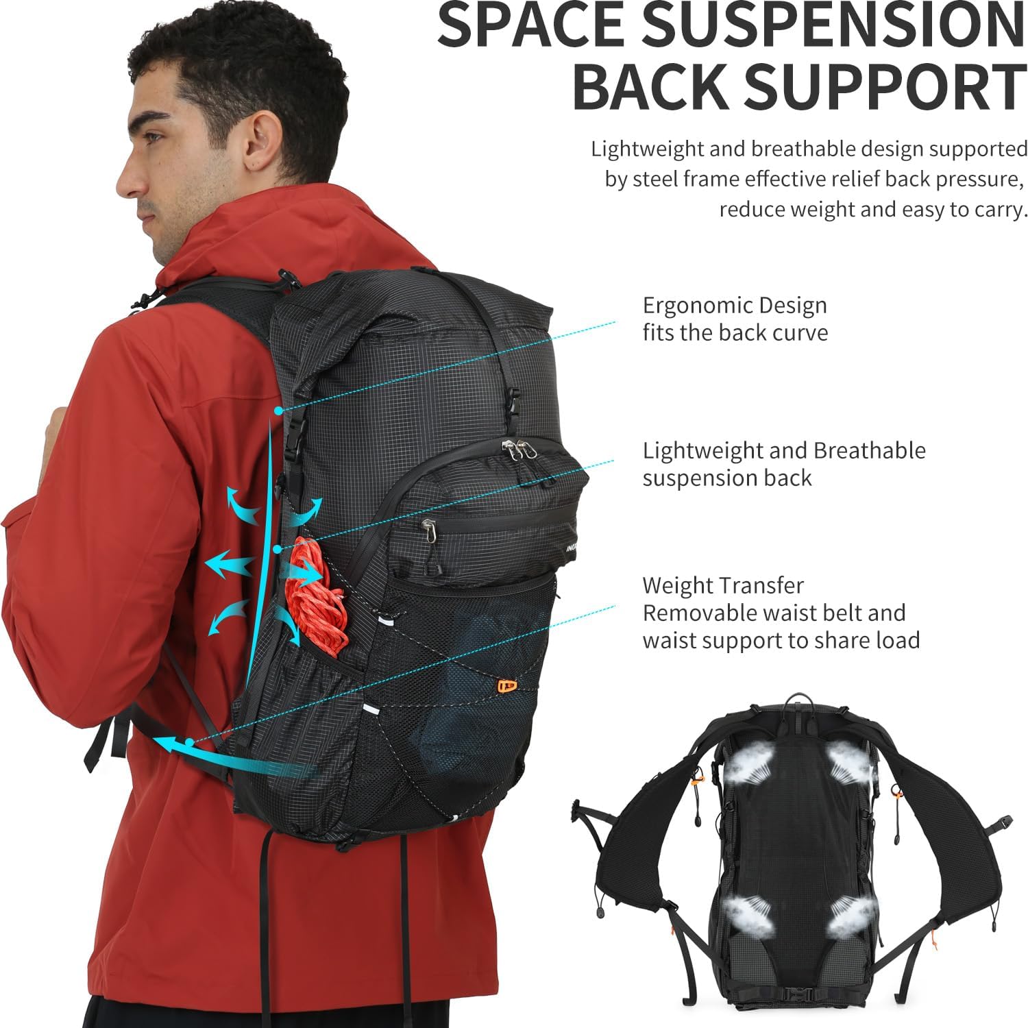 IX INOXTO Hiking Backpack for Men and Women, 30L Waterproof Camping Backpack with 3L Water Bladder and Rain Cover, Lightweight Outdoor Sport Travel Daypack Rucksack for Climbing Cycling (Black)