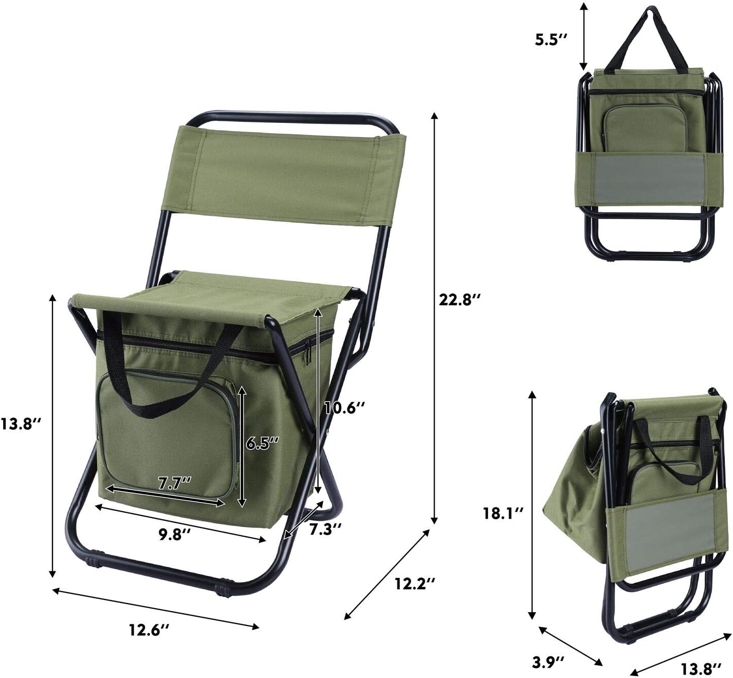 LEADALLWAY Fishing Chair with Cooler Bag Compact Fishing Stool Foldable Small Hunting Chair 12.2" Seat Depth,12.6" Seat Width