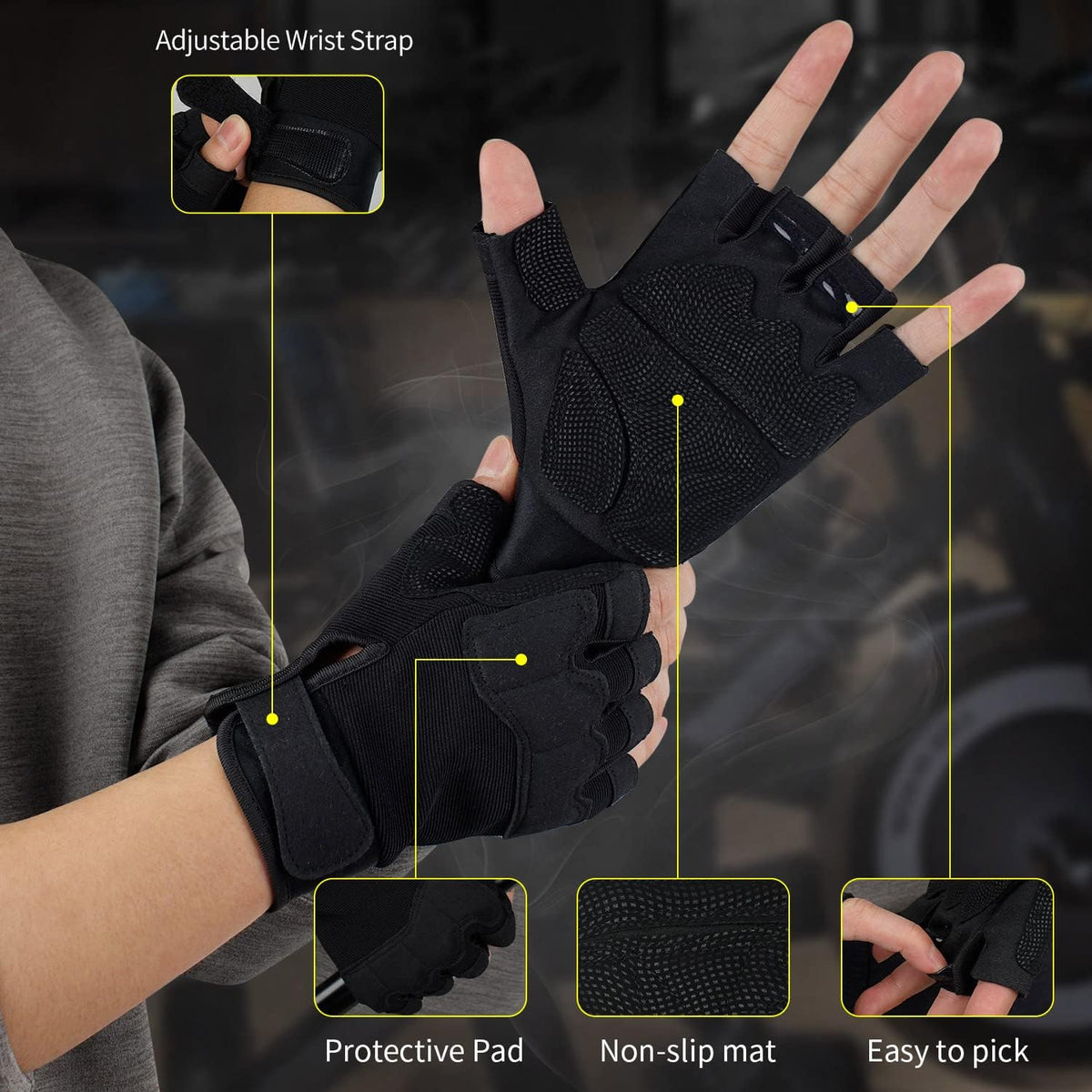 FIORETTO Fingerless Gloves for Men, Breathable Grip Palm Gloves for Motorcycle Riding, Driving, Cycling, Exercise, Workout, Climbing, Hiking and Outdoor Activities M210603