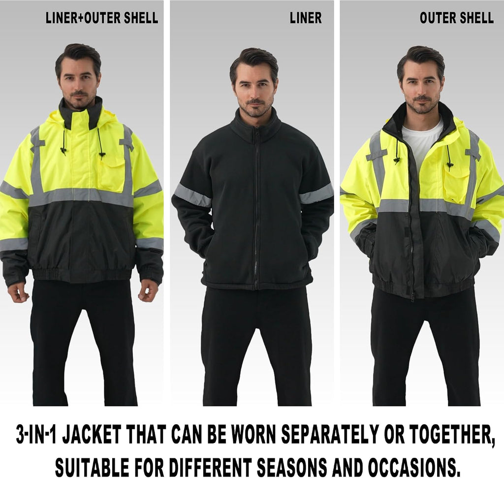 3 in 1 Safety jacket,Reflective high Visibility Hooded jacket,Hi Vis Bomber Jacket shell and fleece lining,Waterproof,ANSI Class 3 Black Bottom Lime,2XL