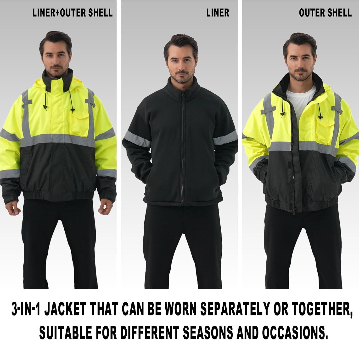 3 in 1 Safety jacket,Reflective high Visibility Hooded jacket,Hi Vis Bomber Jacket shell and fleece lining,Waterproof,ANSI Class 3 Black Bottom Lime,2XL
