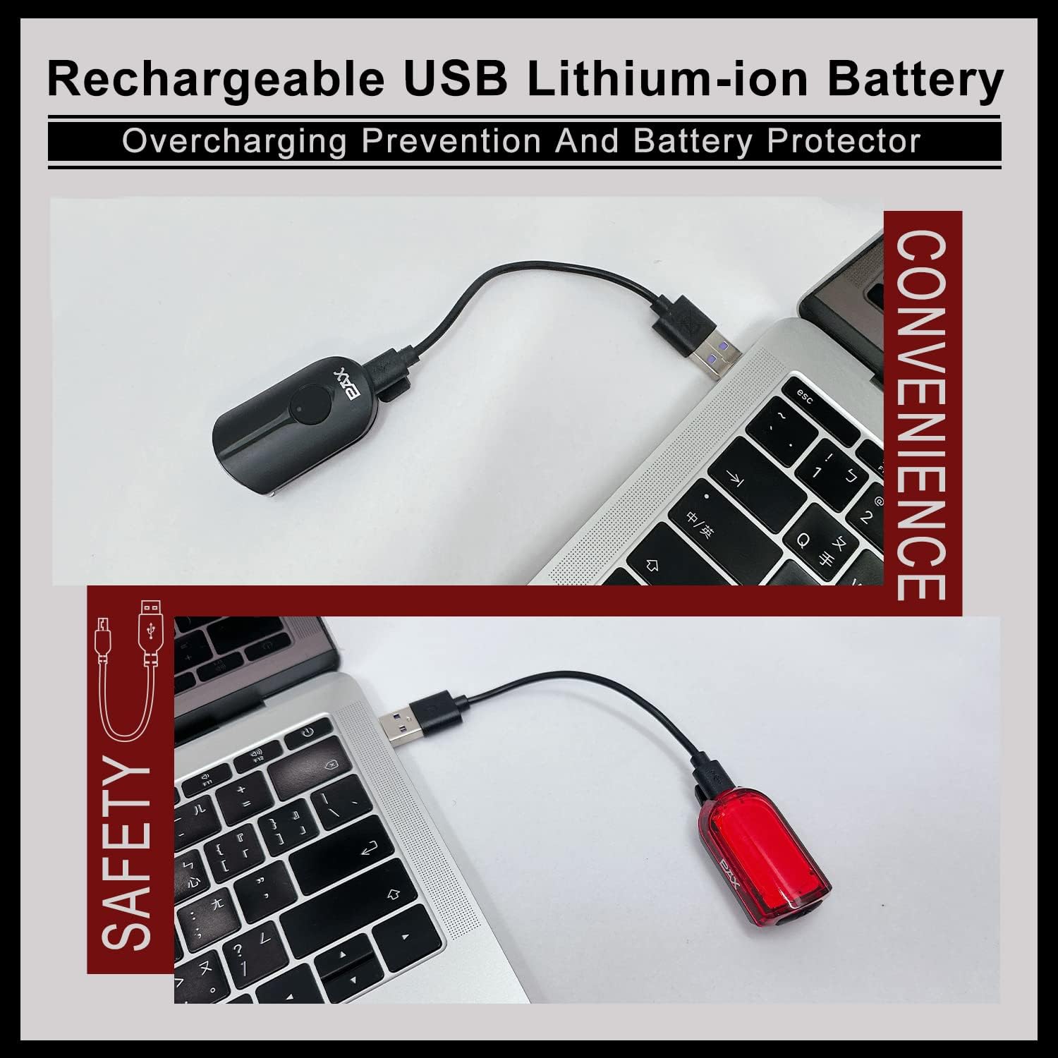PAX Rechargeable USB Safety Bike Light Set, Bicycle Front Light and Rear, IPX4 Waterproof Standard, Multi Light Mode, Lightweight for Mountain or Road Bike