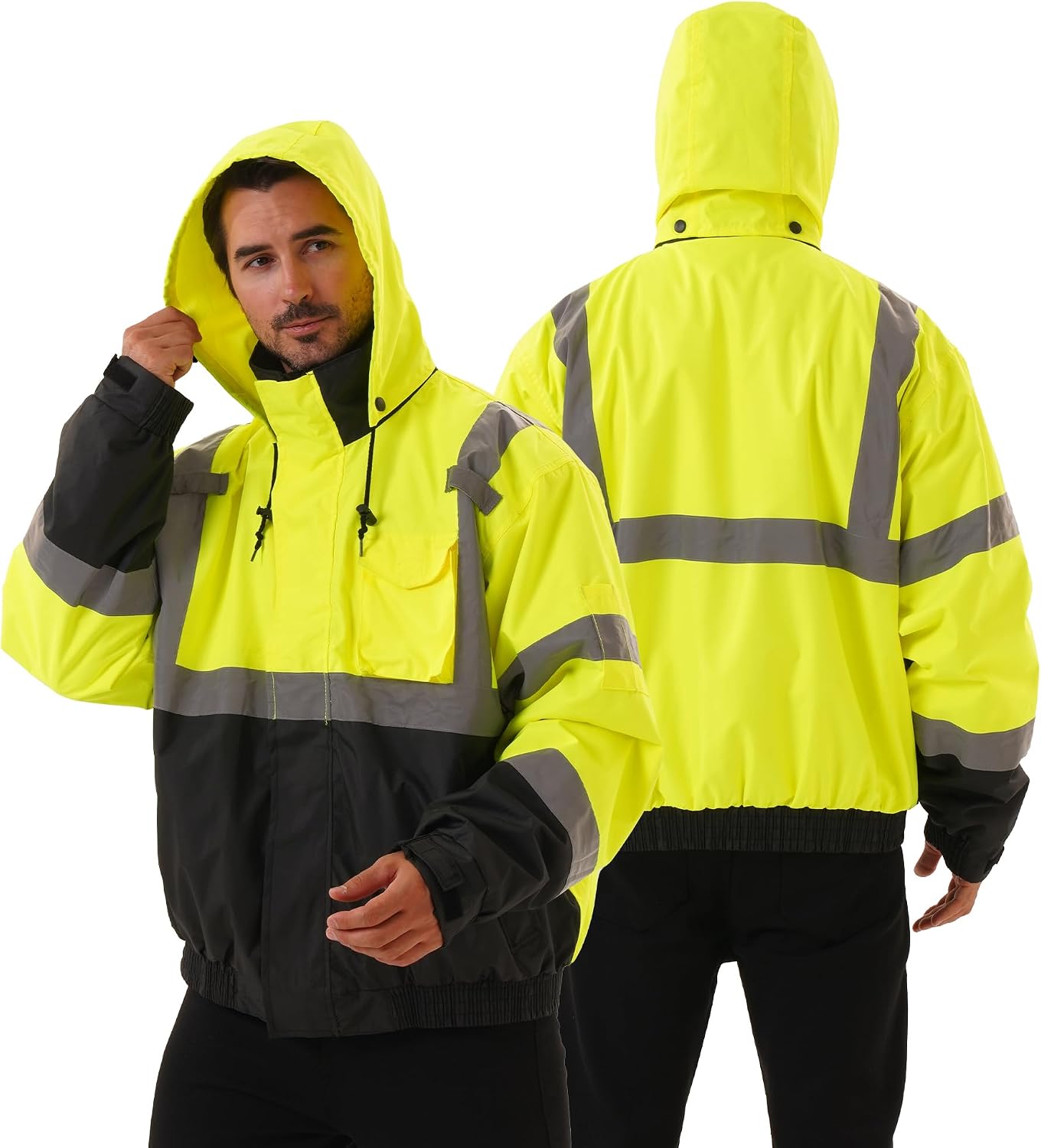 3 in 1 Safety jacket,Reflective high Visibility Hooded jacket,Hi Vis Bomber Jacket shell and fleece lining,Waterproof,ANSI Class 3 Black Bottom Lime,2XL