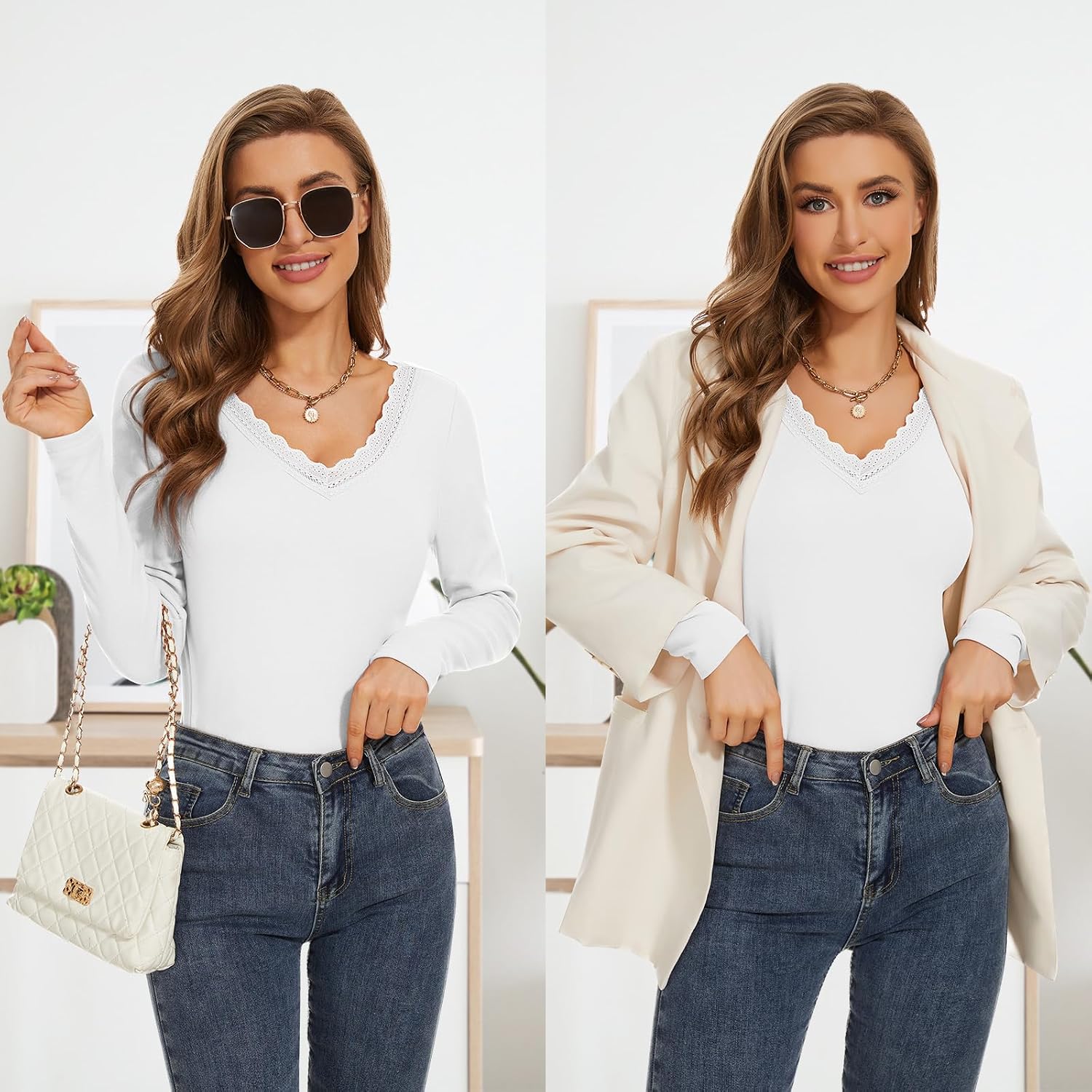WOWENY Women Thermal Long Sleeve Shirt Fleece Lined Basic Fitted Tops Lace V Neck Undershirts Winter Tight Base Layer