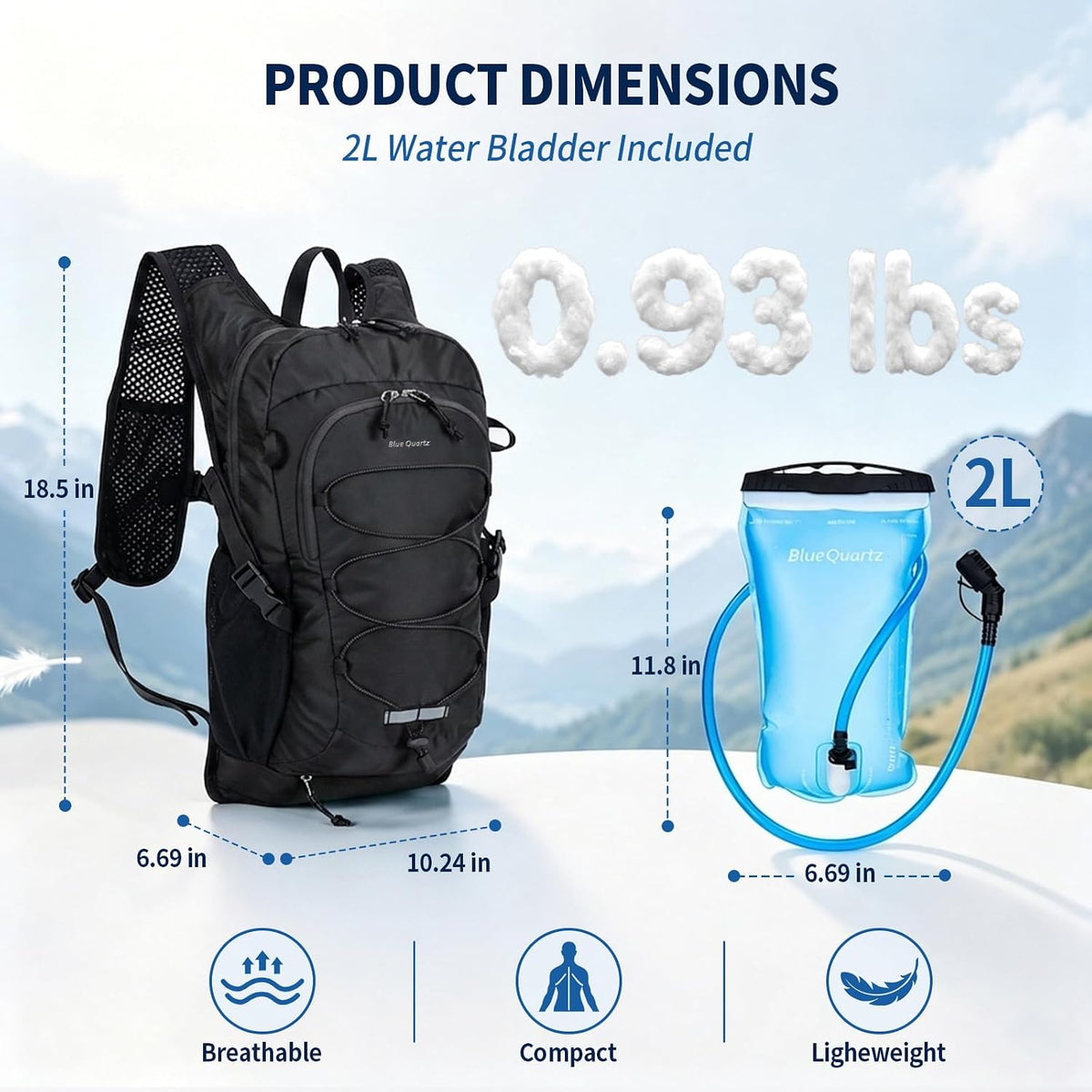 Blue Quartz Hydration Backpack with 2L Water Bladder, 18L Hiking Backpack for Women Men, Lightweight Water Pack with Phone Pocket for Quick Access, Hydration Pack for Cycling, Running, Biking