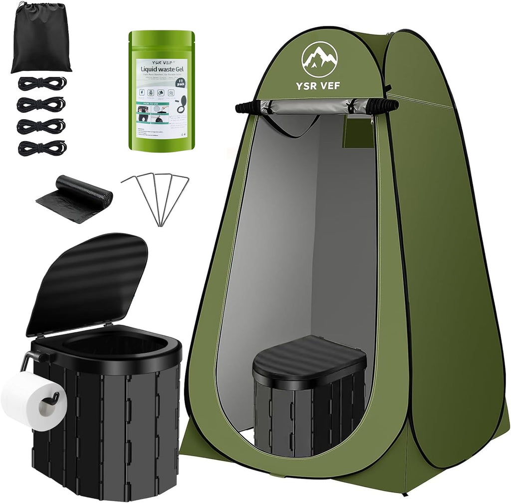 Portable Toilet Kit, Camping Toilet with Pop-Up Privacy Tent and Poo Gel Toilet Bags, Washable Portable Outdoor Showers Changing Rooms